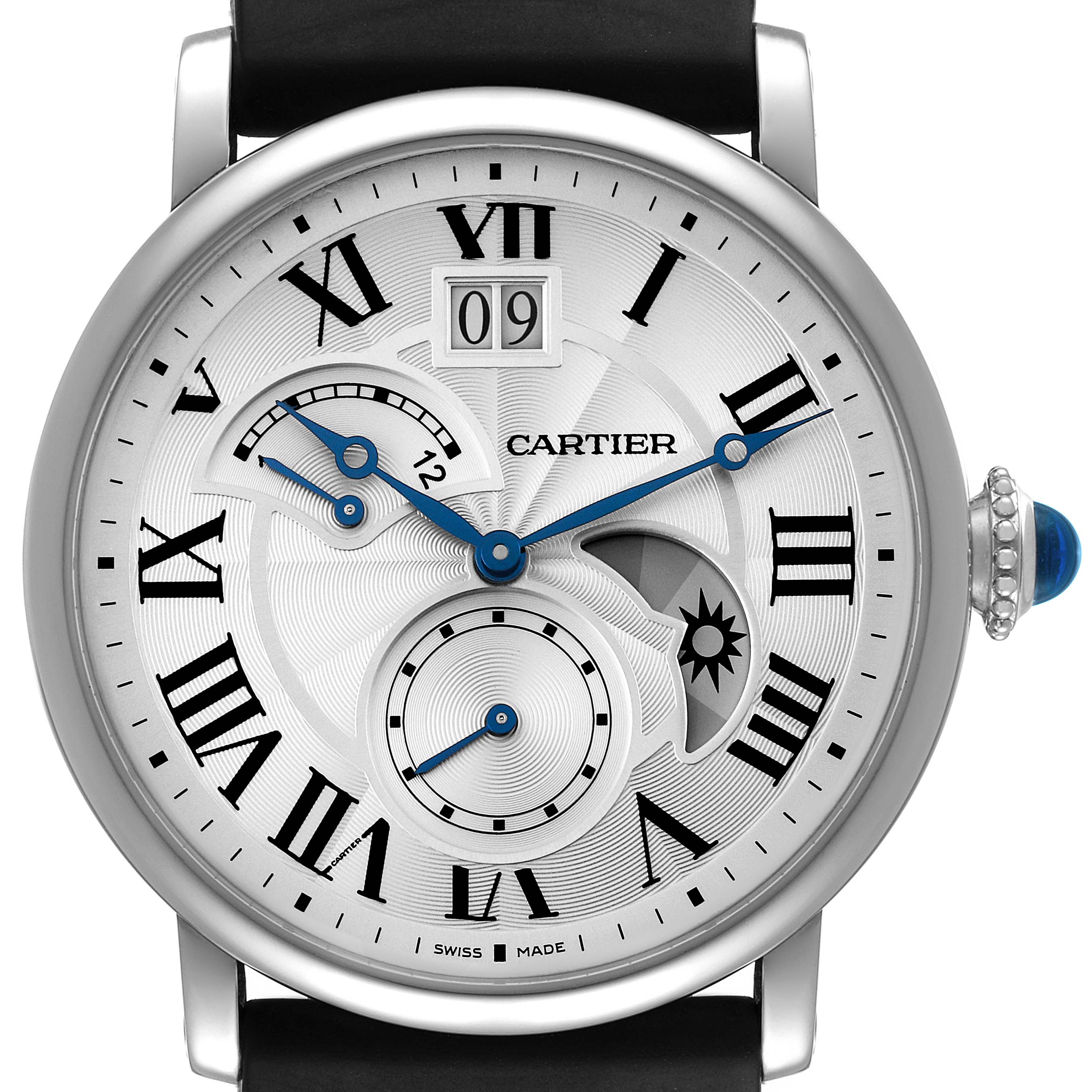 The image shows a close-up, front view of a Cartier Rotonde W1556368 Men's Stainless Steel Silver Dial W1556368 Men's Stainless Steel Silver Dial watch, featuring its face, Roman numerals, and blue hands.