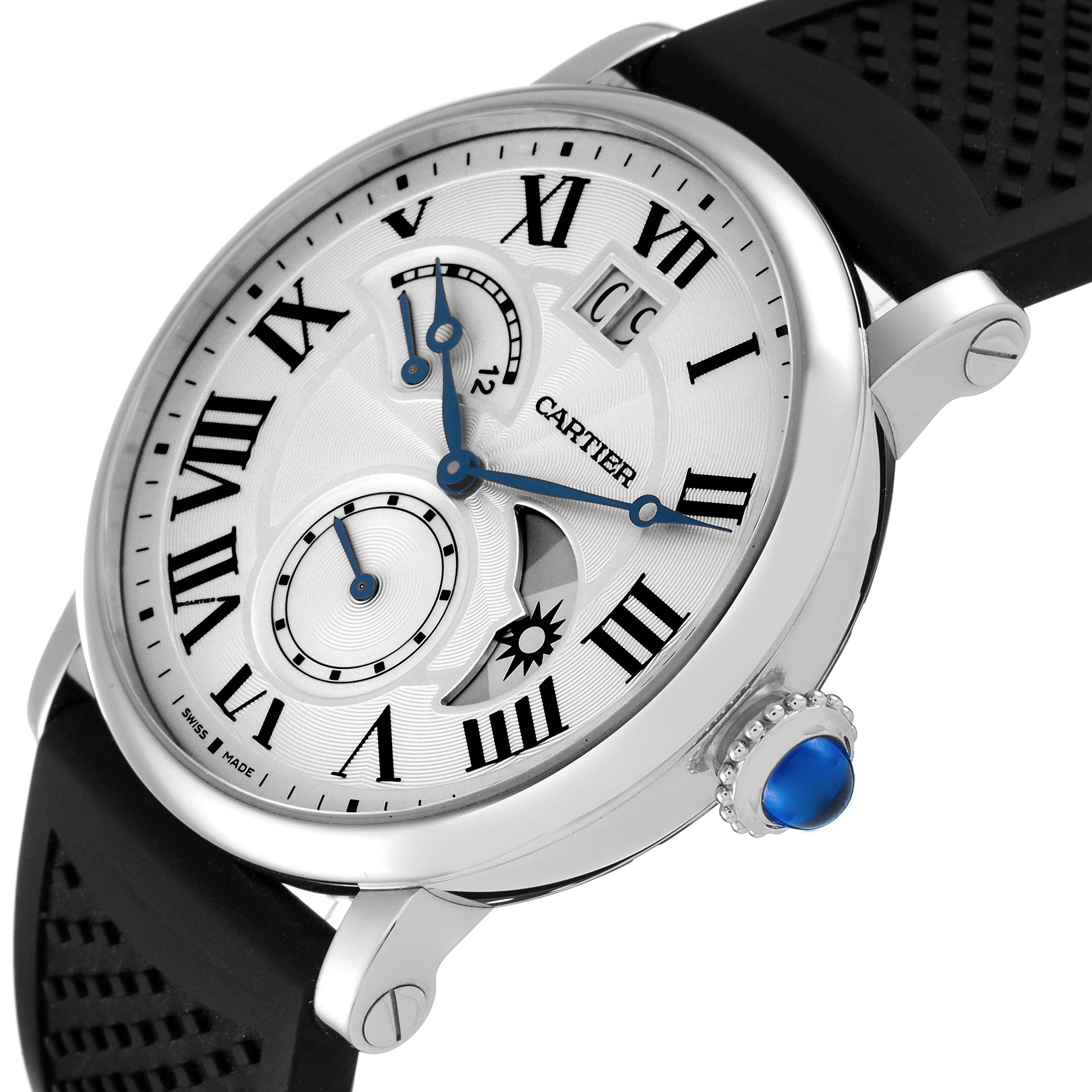The image shows a close-up side angle of the Rotonde de Cartier watch, highlighting its dial, crown, and black strap.