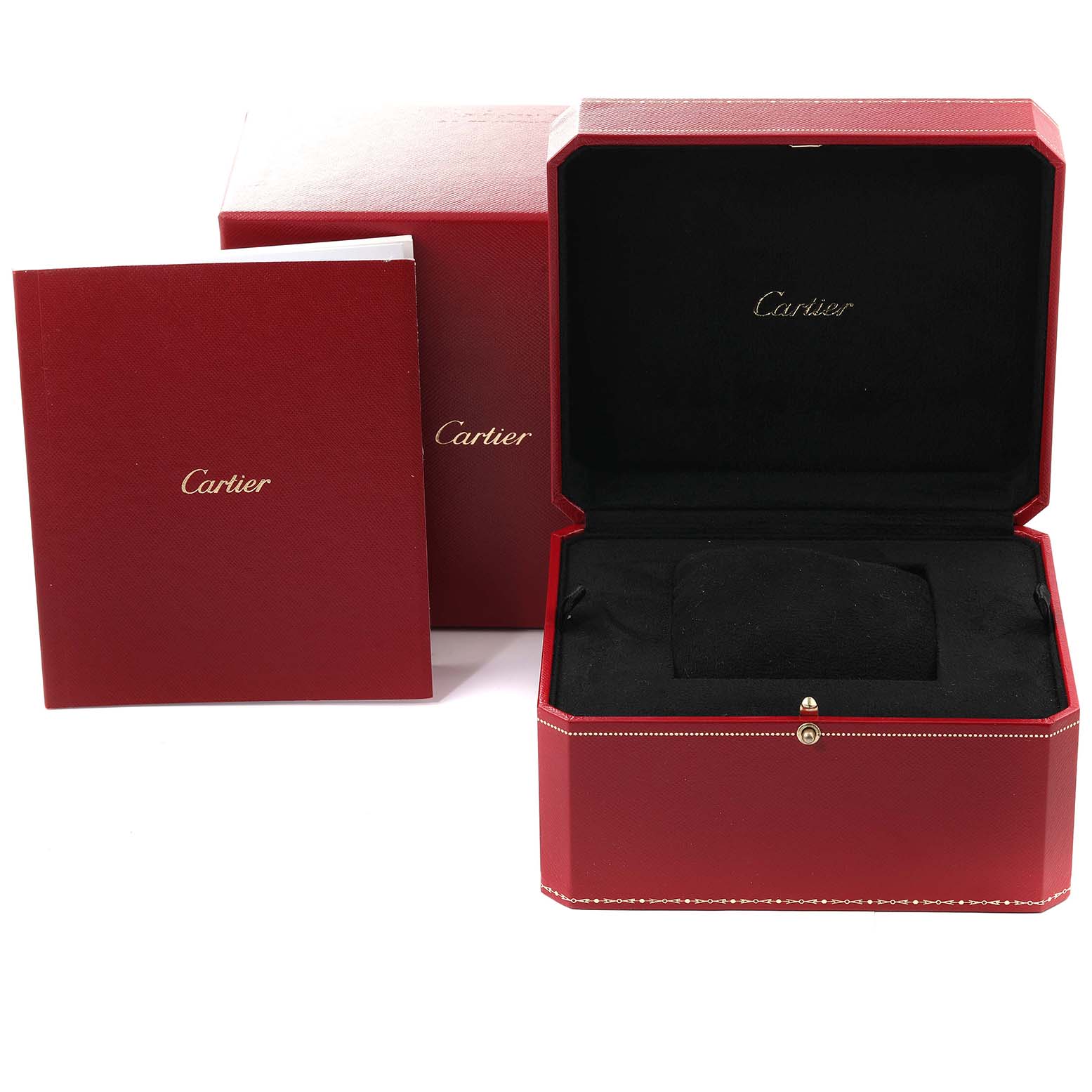 The image shows the packaging and accessories for a Cartier Rotonde W1556368 Men's Stainless Steel Silver Dial W1556368 Men's Stainless Steel Silver Dial watch, including its presentation box and booklet.