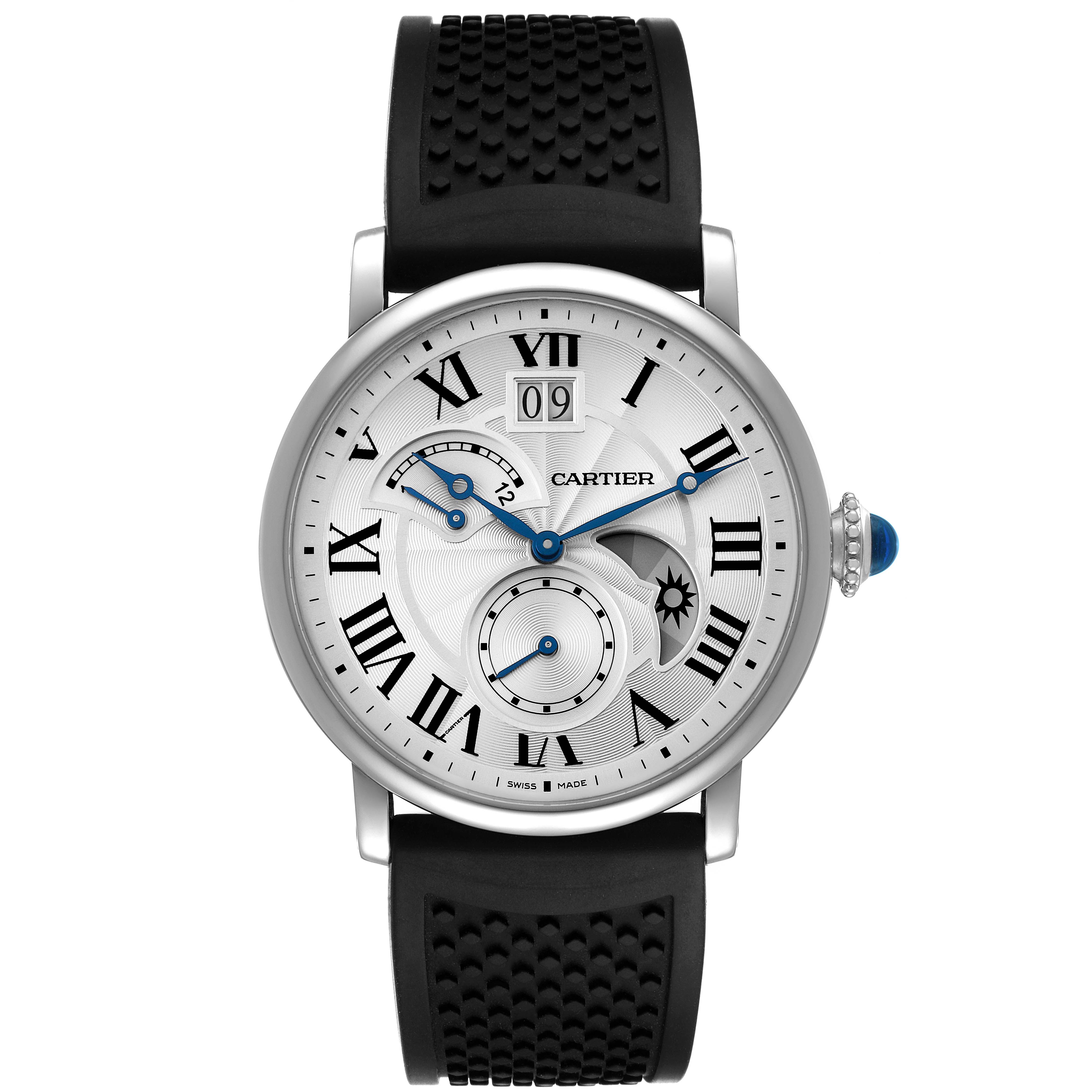 This image shows a front view of the Rotonde model watch by Cartier, featuring a black strap and blue hands.
