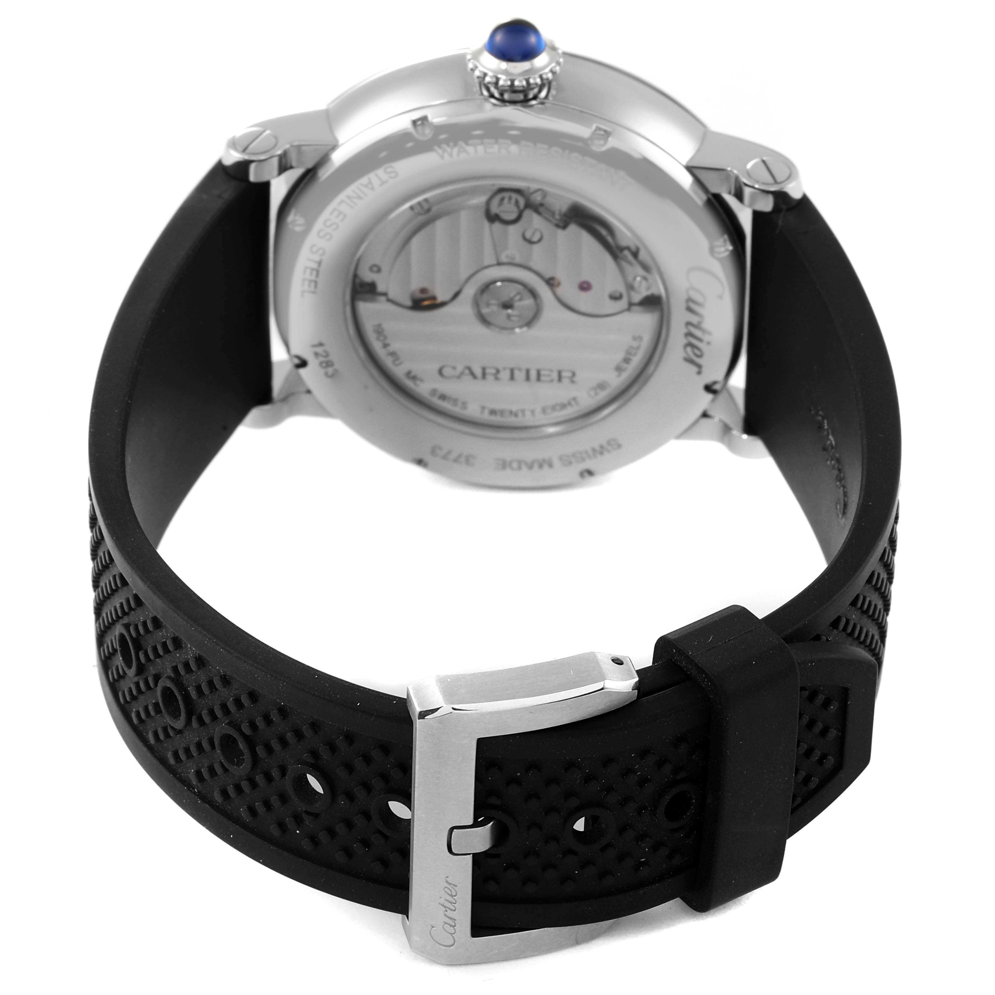 This image shows the back view of a Cartier Rotonde W1556368 Men's Stainless Steel Silver Dial W1556368 Men's Stainless Steel Silver Dial watch, highlighting the movement and the strap with its buckle.