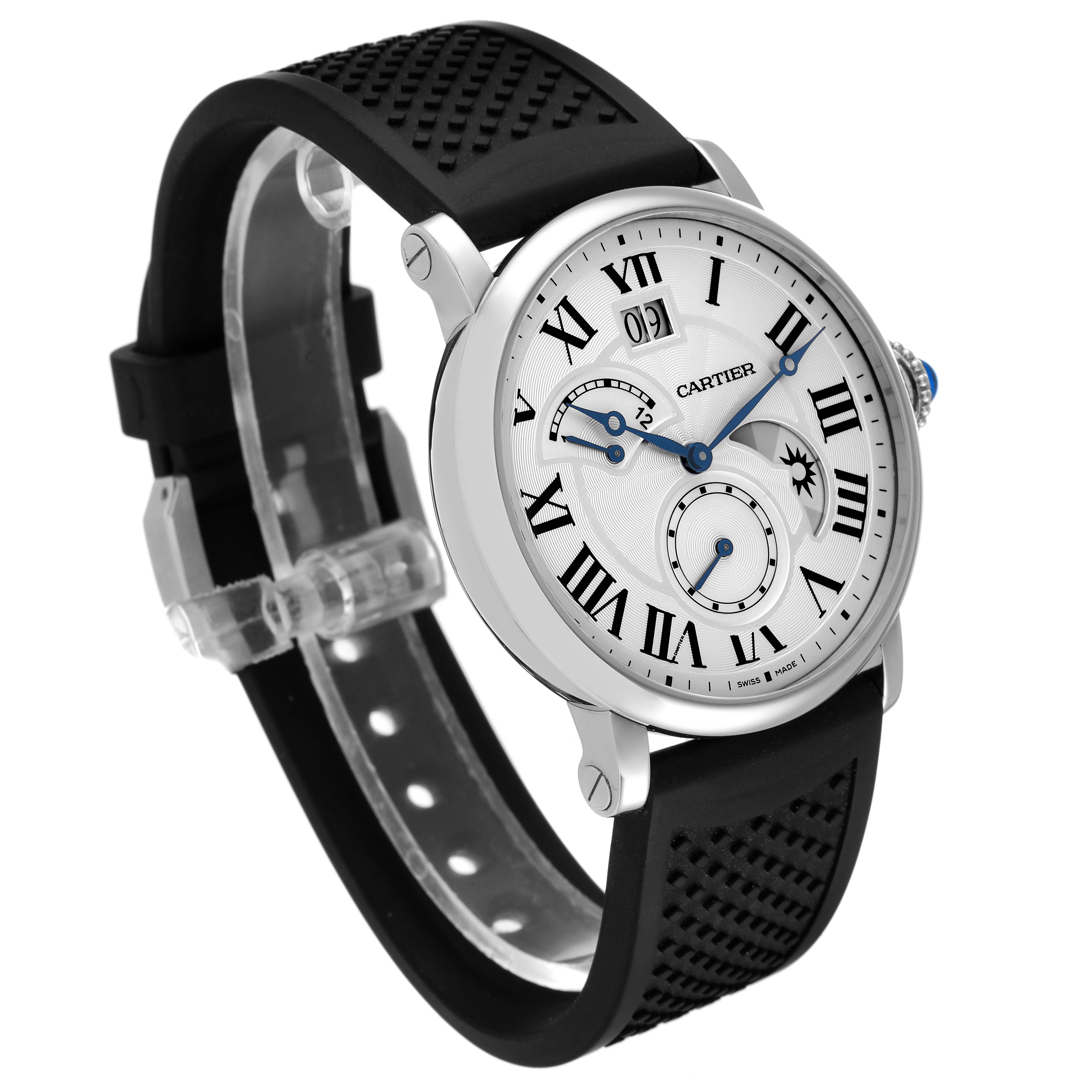 The image shows a Rotonde de Cartier watch at a three-quarter angle, highlighting the face, case, and black strap.