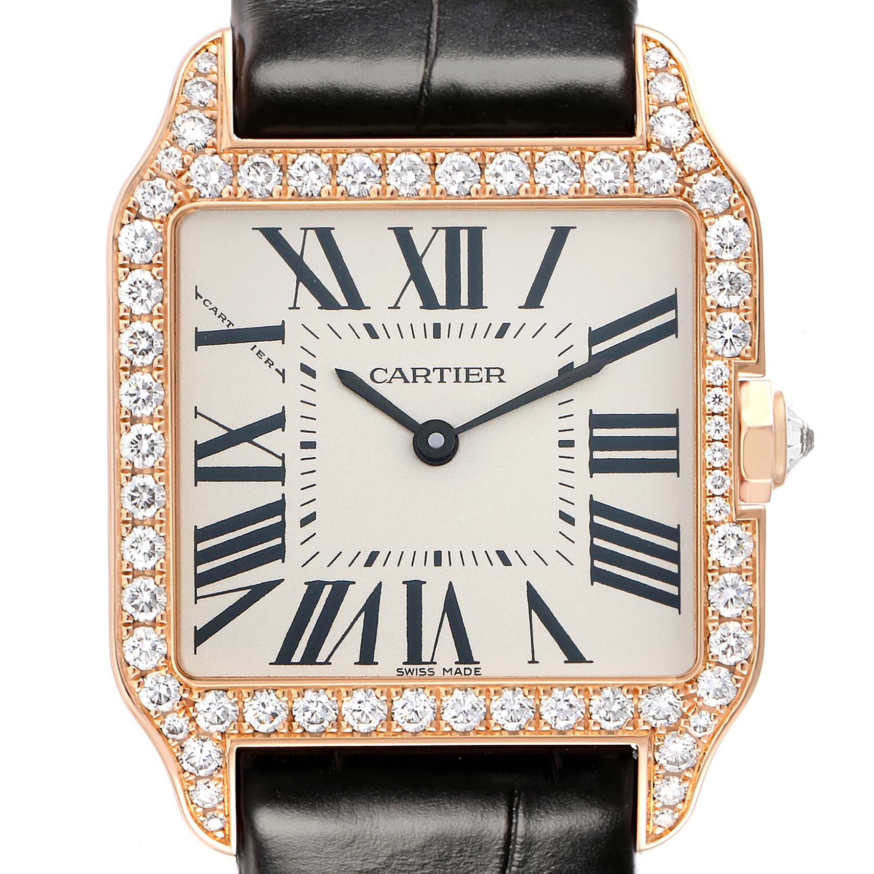 The image shows a Cartier Santos Dumont WH100351 Men
s Rose Gold Silver Dial watch from a front angle, highlighting its square face, diamond-studded bezel, and leather strap.