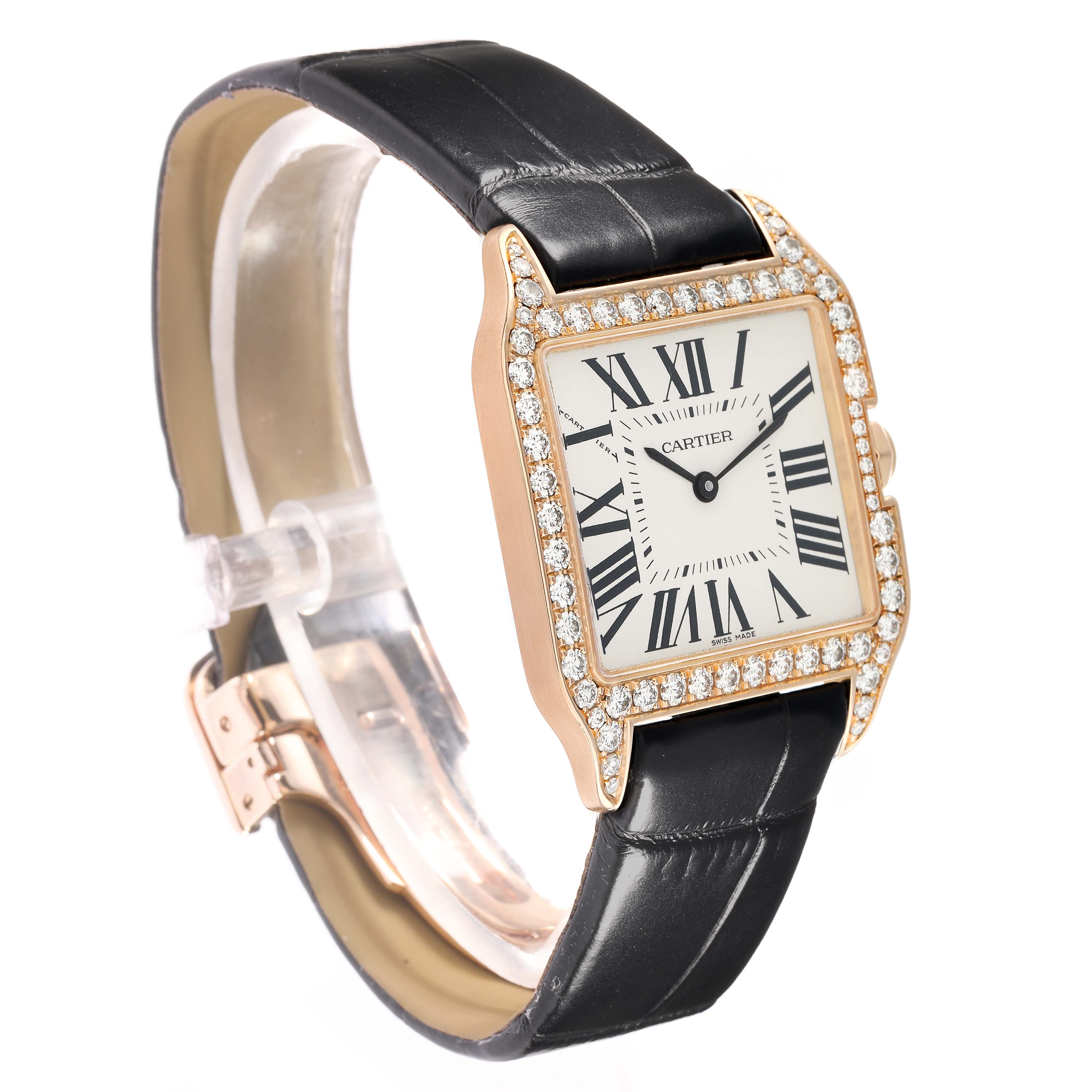 The Cartier Santos Dumont WH100351 Men
s Rose Gold Silver Dial watch is shown at an oblique angle highlighting the face, bezel with diamonds, and leather strap.