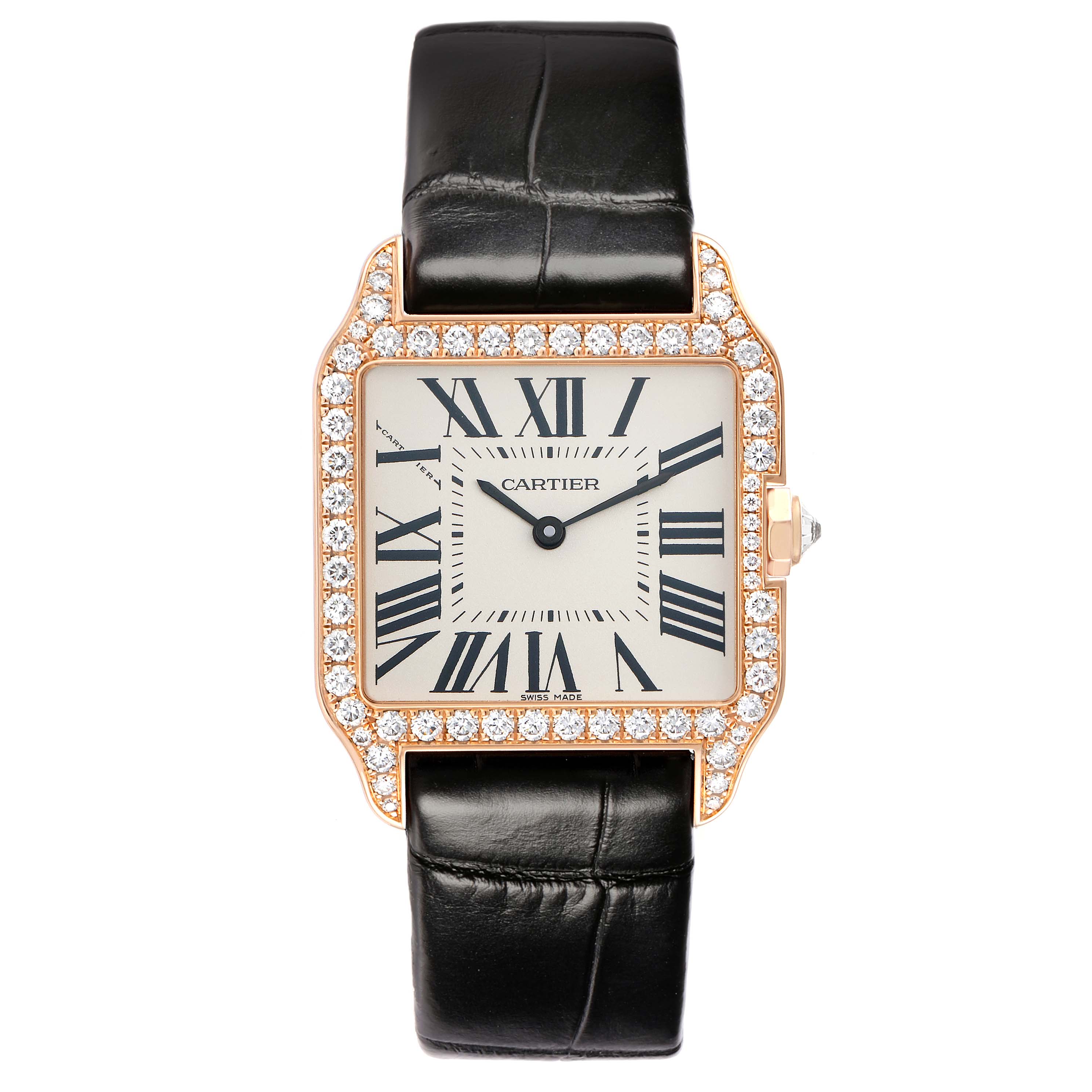 The Cartier Santos Dumont WH100351 Men
s Rose Gold Silver Dial watch is shown from a front angle, highlighting the square face, Roman numerals, diamond bezel, and black strap.