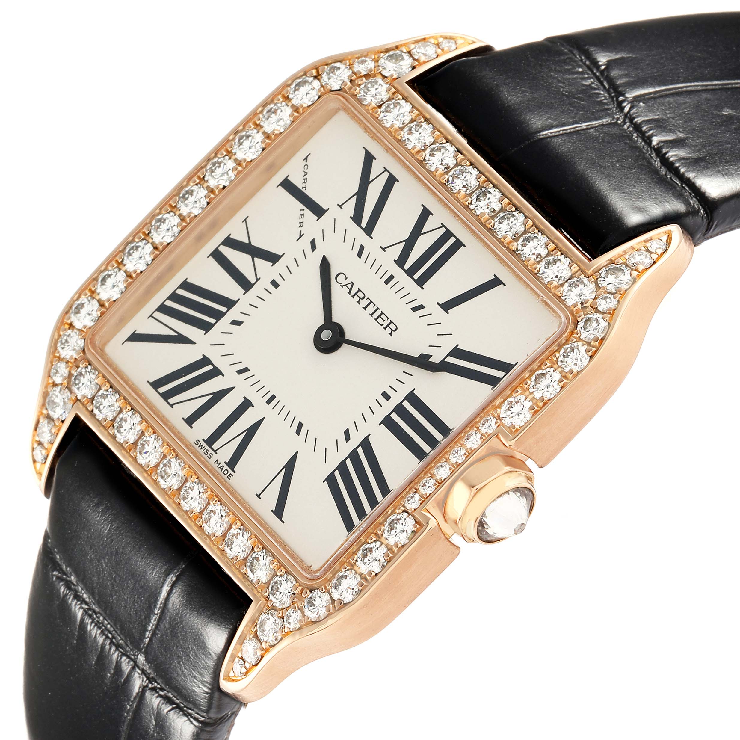 The Cartier Santos Dumont WH100351 Men
s Rose Gold Silver Dial is shown at an angled view displaying the face, diamond-set bezel, crown, and black leather strap.
