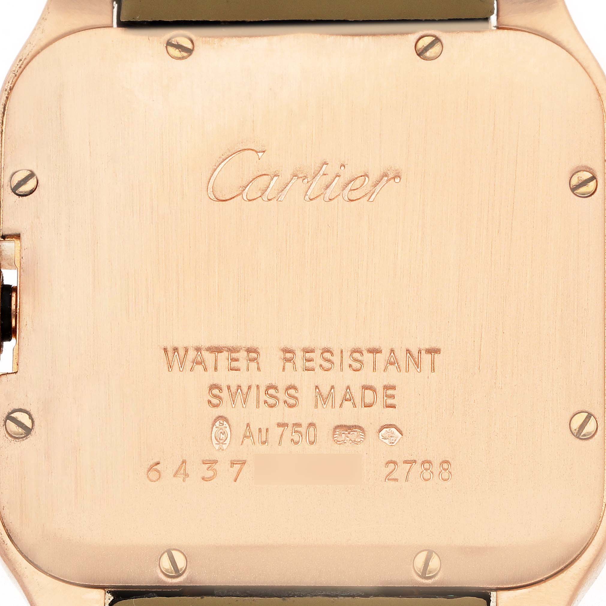 The image shows the back case of a Cartier Santos Dumont WH100351 Men
s Rose Gold Silver Dial watch with engravings and screws visible.