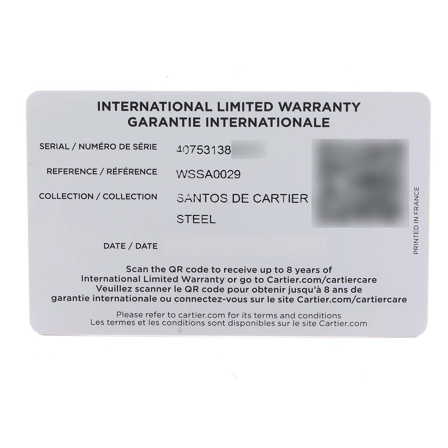 The image shows the International Limited Warranty card for the Santos de Cartier watch model.