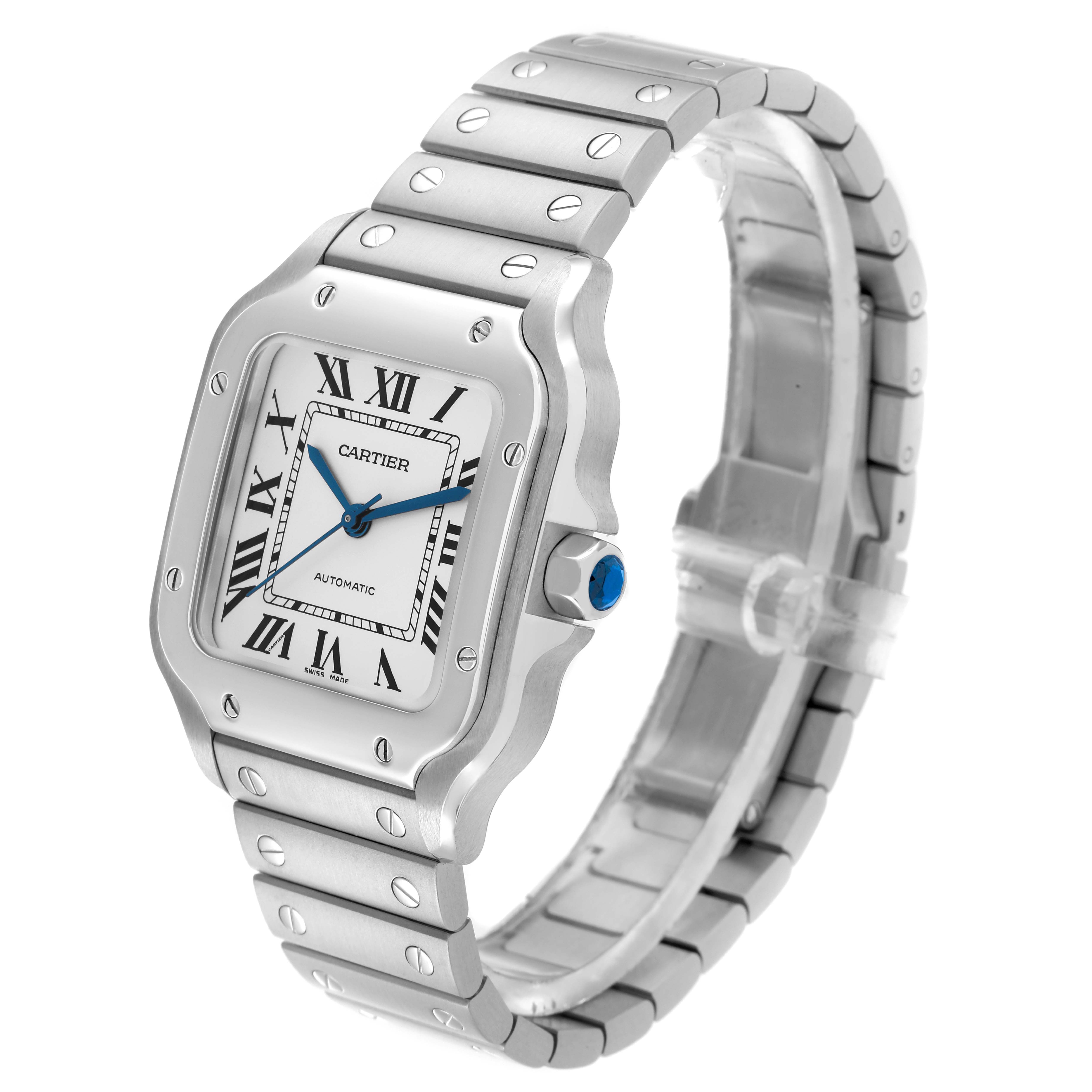 The Cartier Santos WSSA0029 Men
s Stainless Steel Silver Dial watch is shown at a three-quarter angle, highlighting the face, bezel, and bracelet.