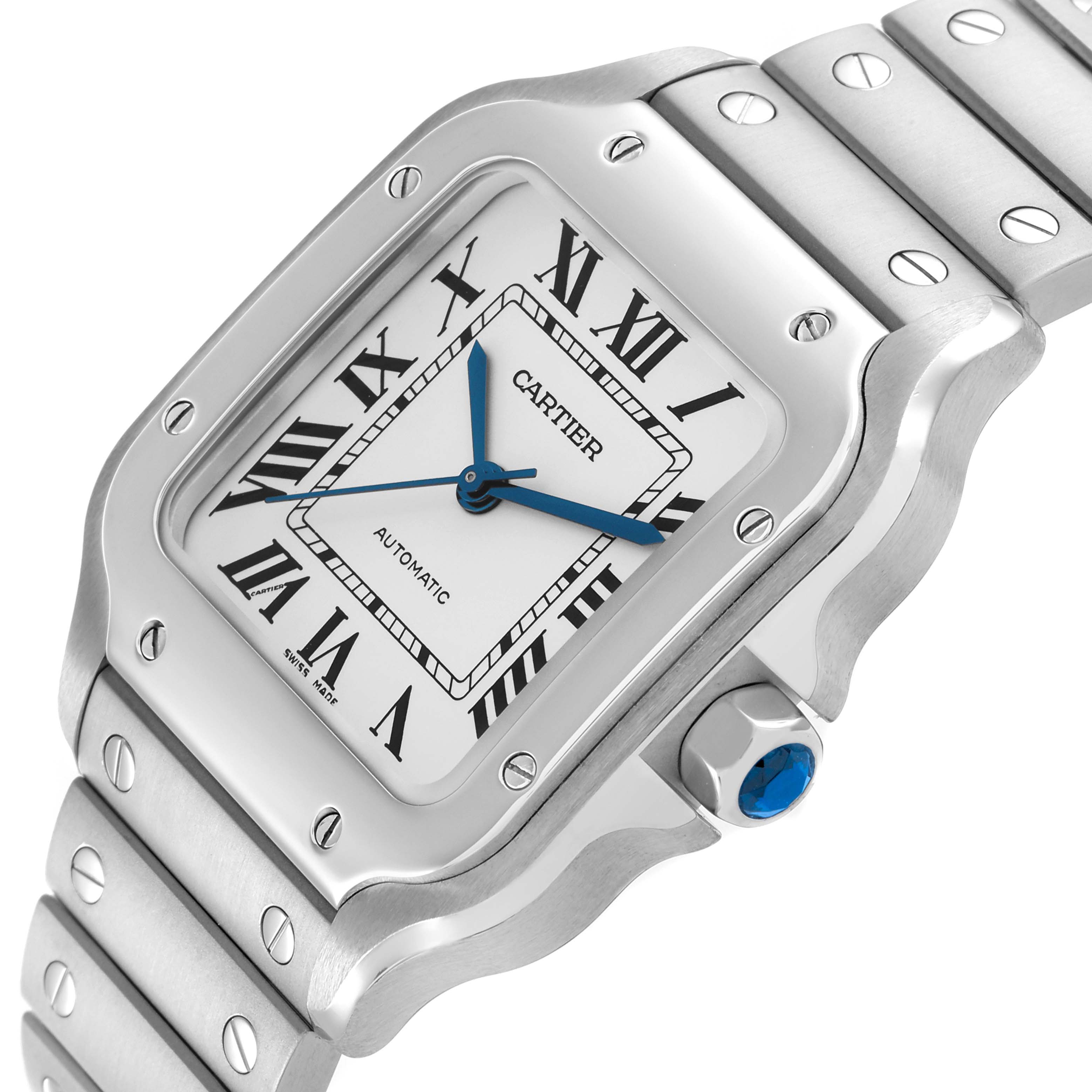 The Cartier Santos WSSA0029 Men
s Stainless Steel Silver Dial watch is shown at an angle highlighting the face, bezel, crown with blue jewel, and part of the bracelet.