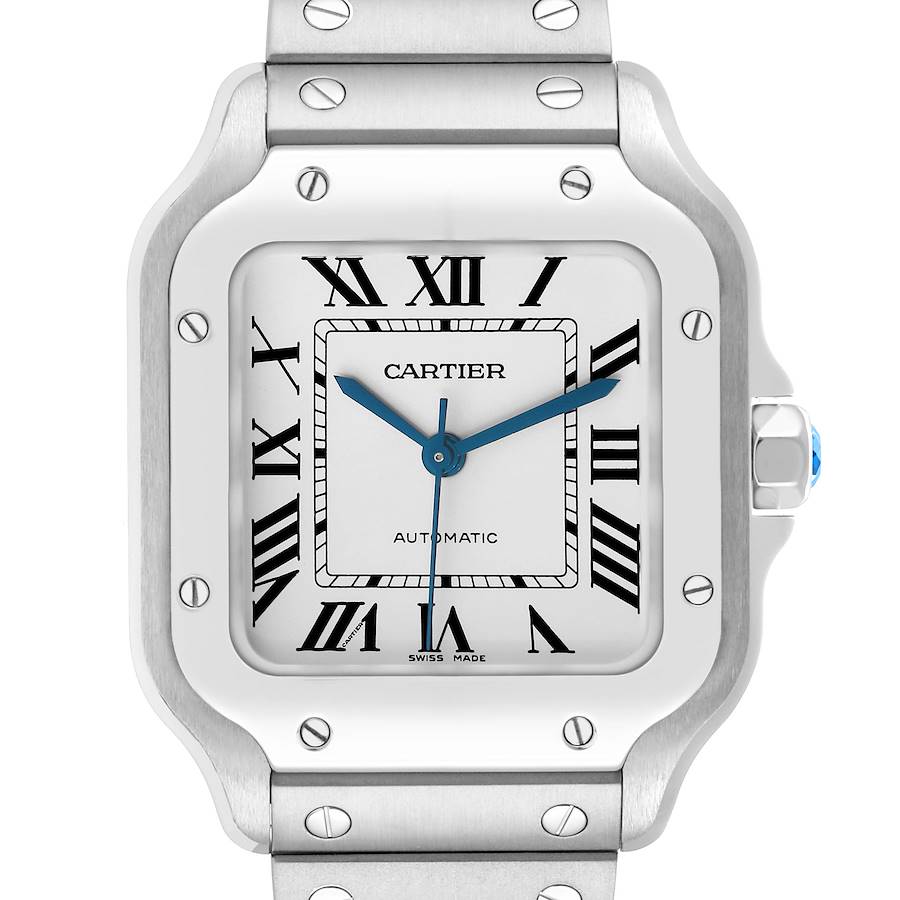 The Cartier Santos WSSA0029 Men's Stainless Steel Silver Dial watch is shown from the front, highlighting the face, bezel, crown, and part of the bracelet.
