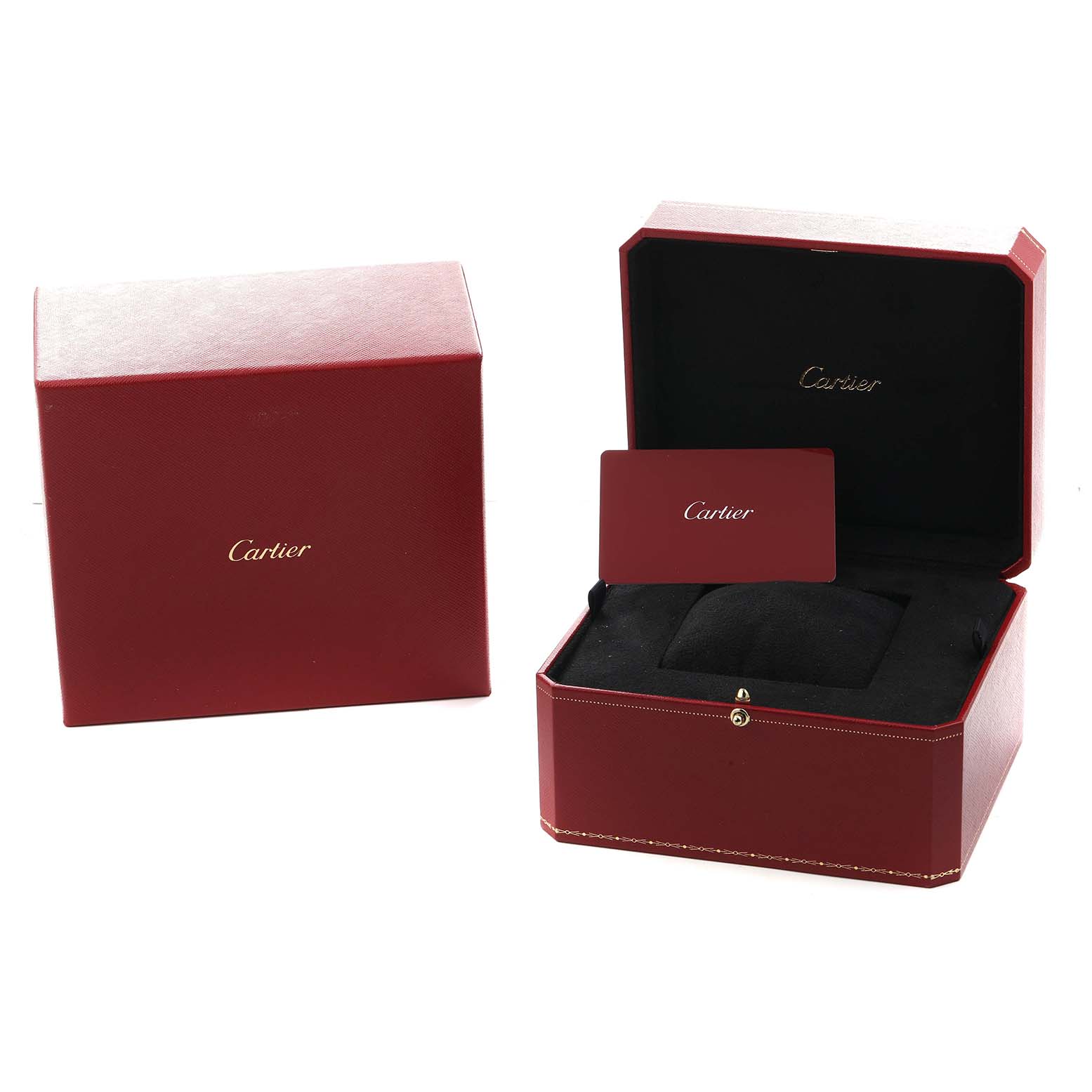 The image shows a Cartier Santos WSSA0029 Men
s Stainless Steel Silver Dial watch box set with an open red box, a cushion, and a card, viewed from the front.