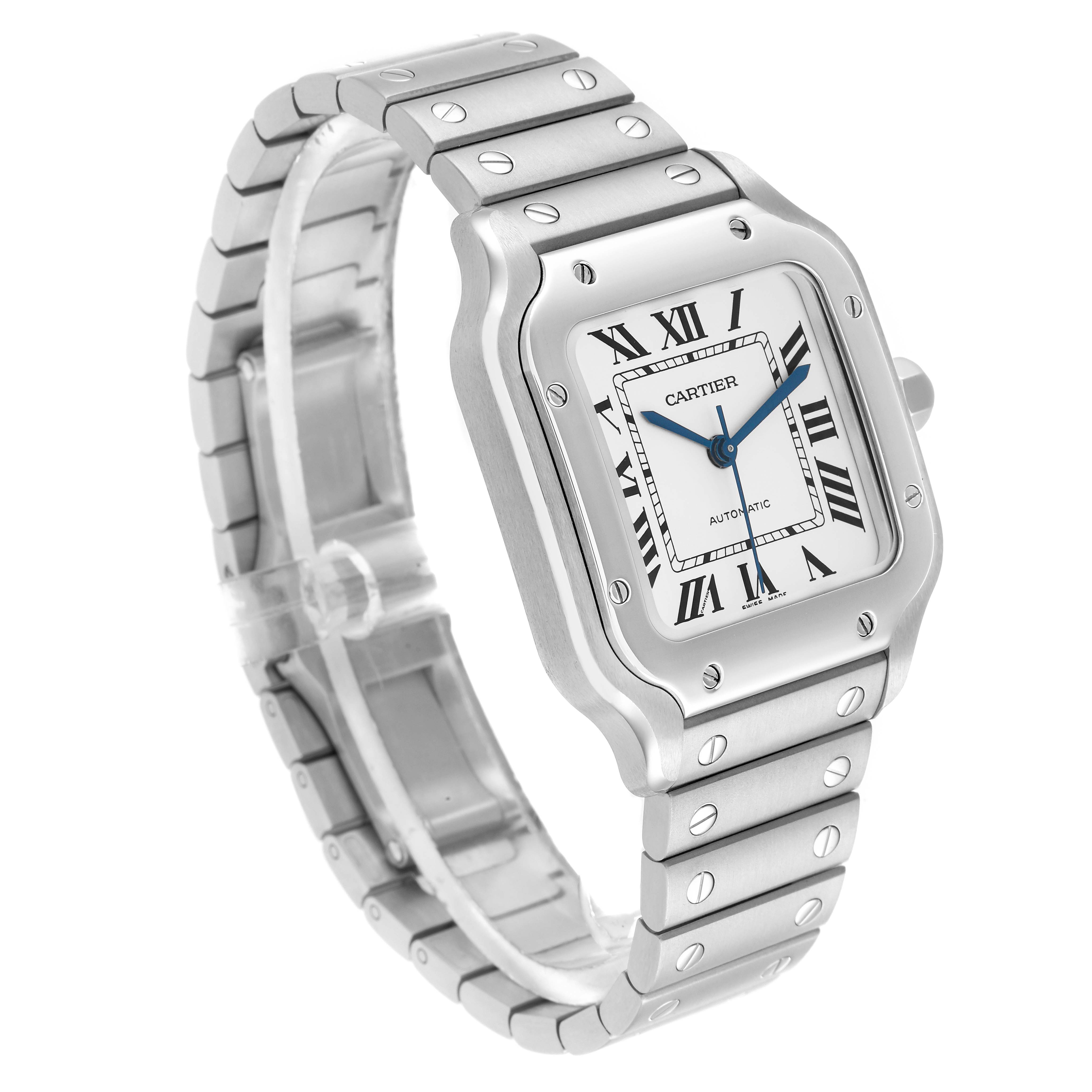 The Cartier Santos WSSA0029 Men
s Stainless Steel Silver Dial watch is shown at a slight angle, featuring its case, bezel, dial, bracelet, and crown.