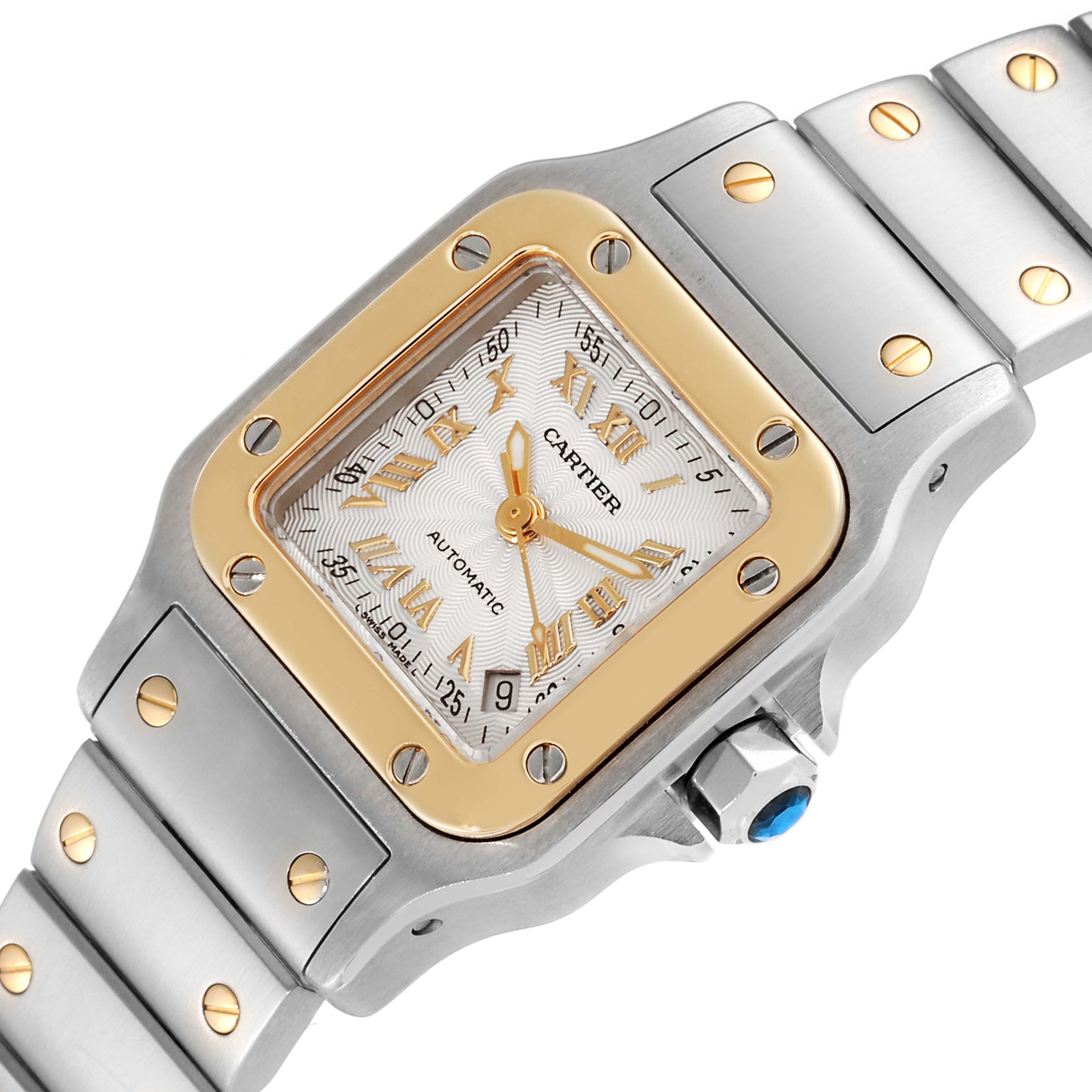 The Cartier Santos W20057C4 Women's Stainless Steel Silver Dial W20057C4 Women's Stainless Steel Silver Dial model watch is shown from an angled view focusing on the face, bezel, and part of the bracelet.