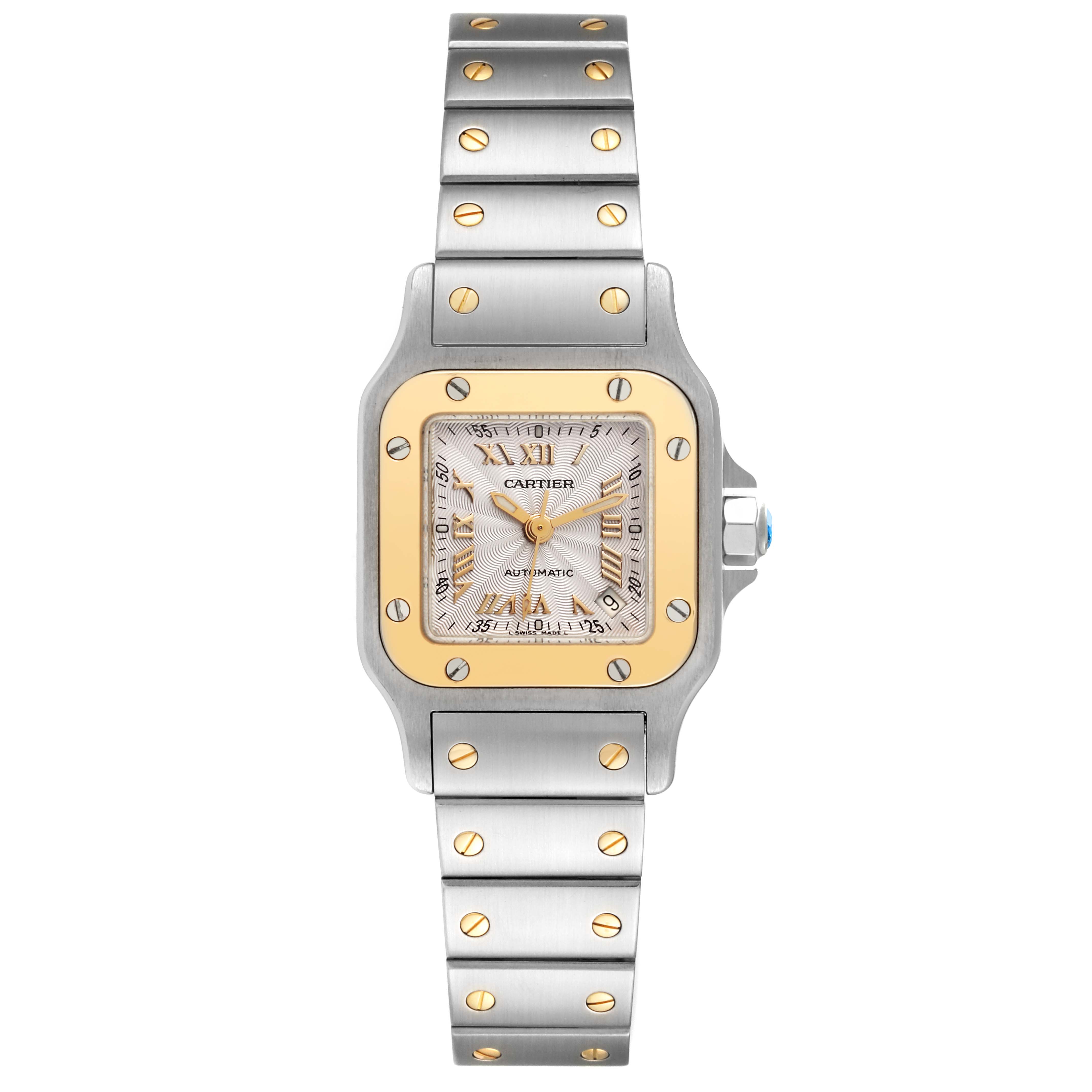 The Cartier Santos W20057C4 Women's Stainless Steel Silver Dial W20057C4 Women's Stainless Steel Silver Dial watch is shown from a front angle, highlighting its face, bezel, case, and bracelet.
