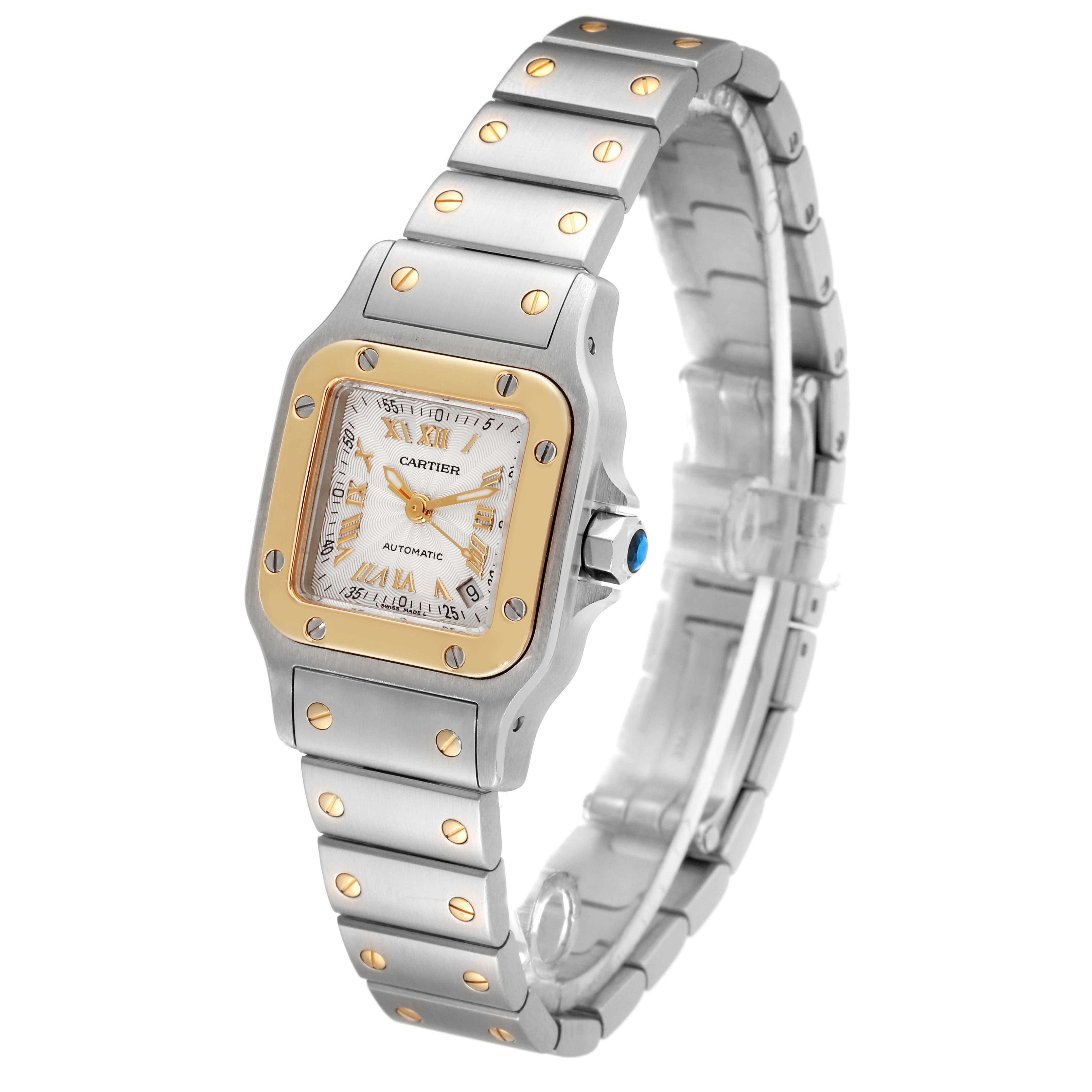 The image shows a Cartier Santos W20057C4 Women's Stainless Steel Silver Dial W20057C4 Women's Stainless Steel Silver Dial model watch angled to display the face, bezel, crown, and bracelet.