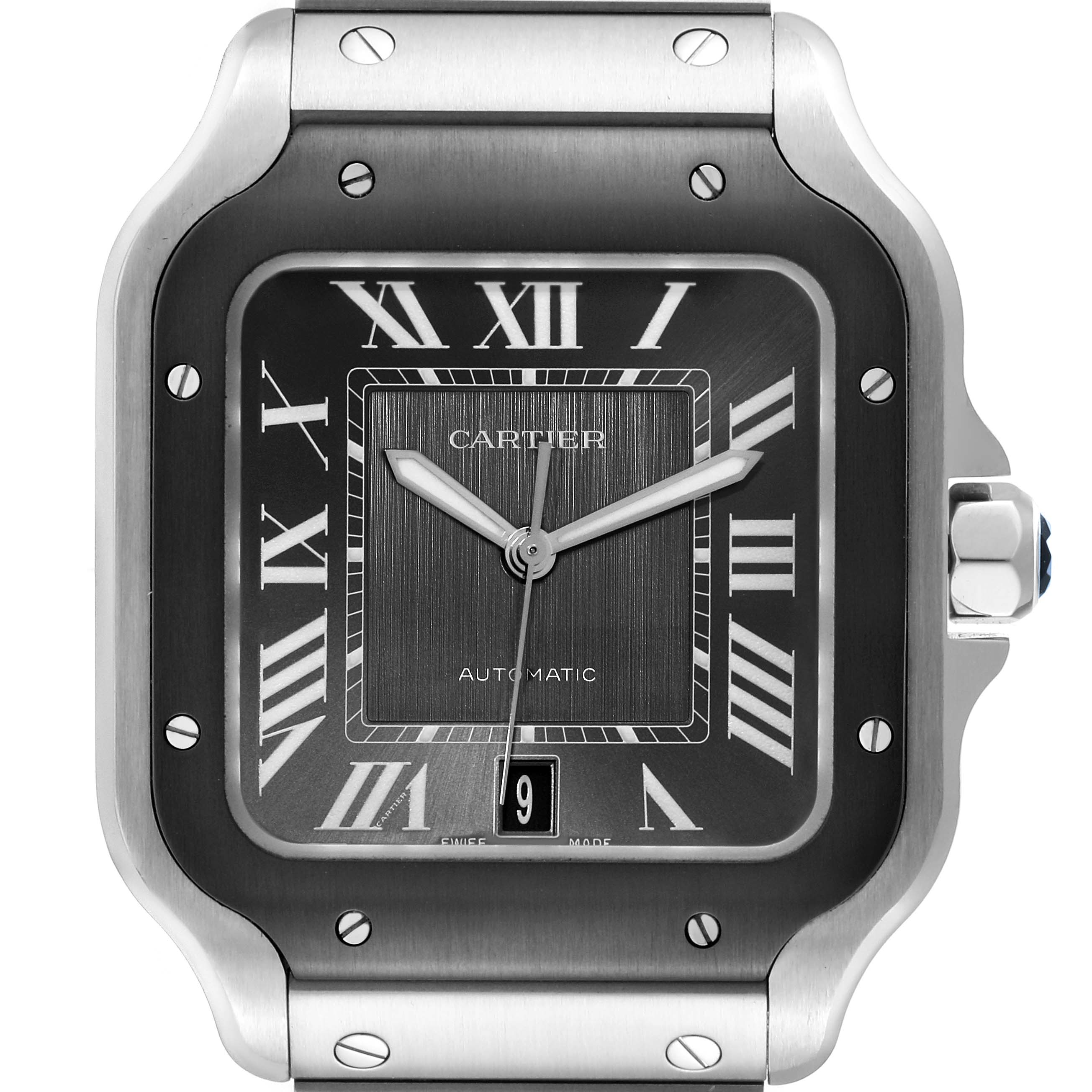 This image shows a close-up, front view of the Santos by Cartier watch, highlighting the face, bezel, and crown.