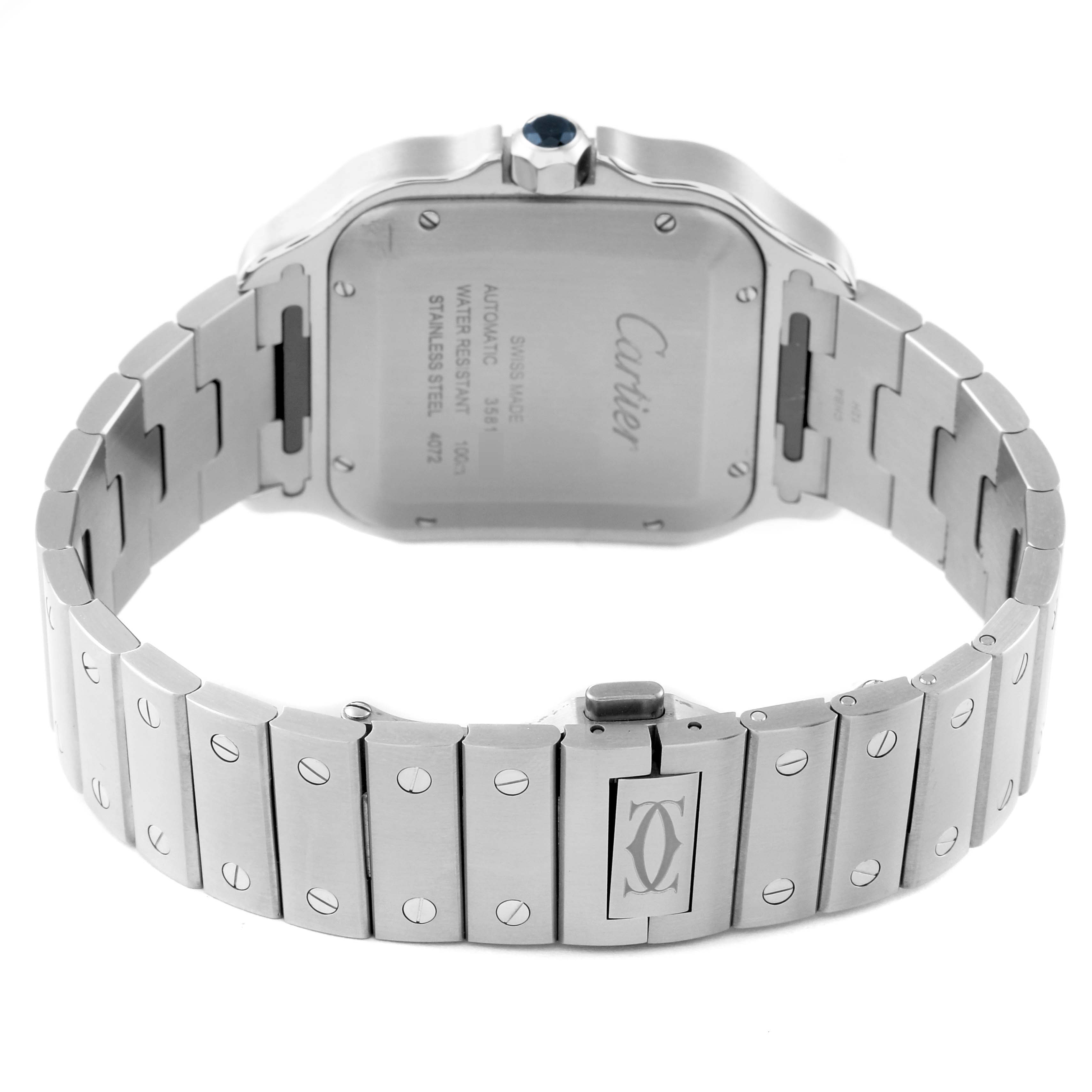 The image shows the back case and bracelet of a Cartier Santos WSSA0037 Men's Stainless Steel Grey Dial WSSA0037 Men's Stainless Steel Grey Dial watch, including its clasp with the Cartier logo.
