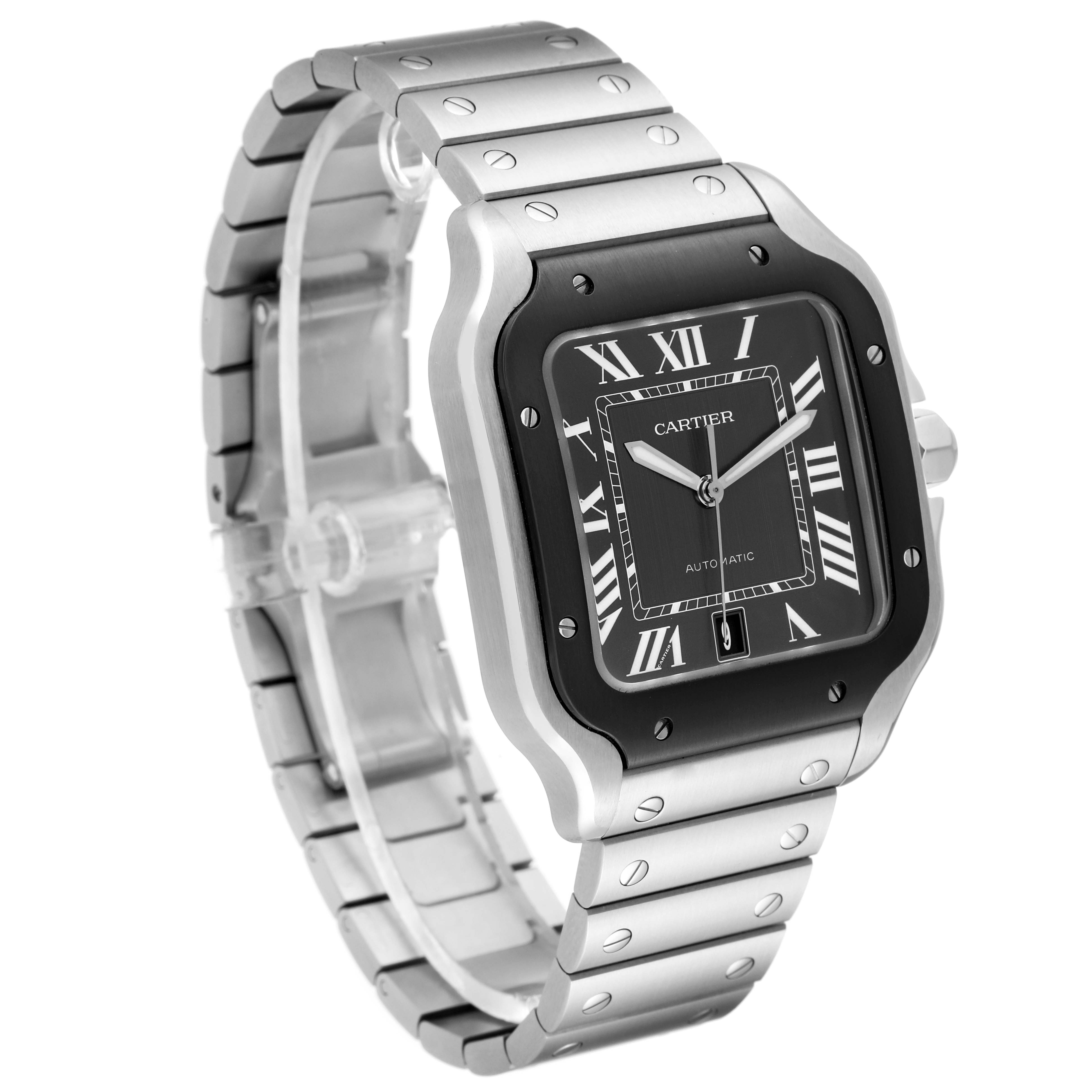 The Santos model by Cartier is shown at a three-quarter angle, highlighting its face, bezel, and part of the bracelet.