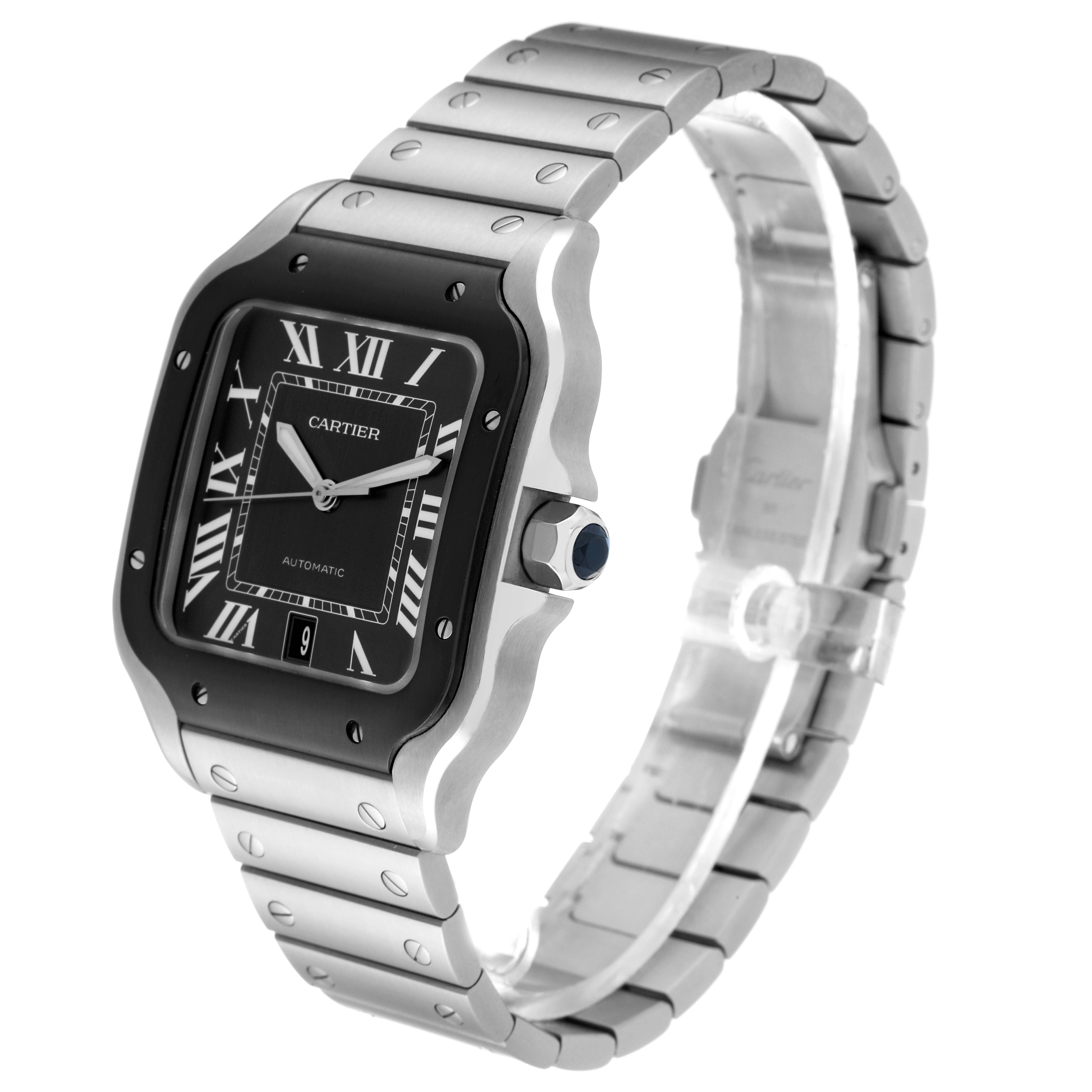 This image shows a side angle of the Cartier Santos WSSA0037 Men's Stainless Steel Grey Dial WSSA0037 Men's Stainless Steel Grey Dial watch, featuring its face, bezel, bracelet, and crown.