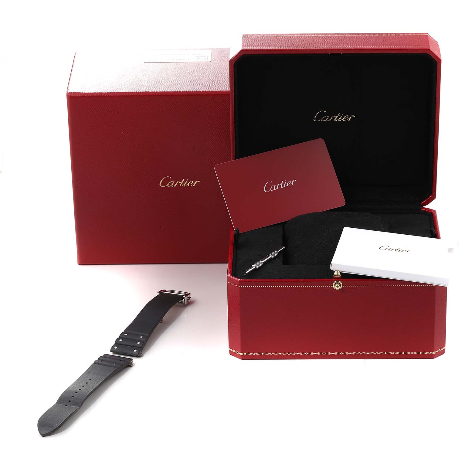 The image shows the Cartier Santos WSSA0037 Men's Stainless Steel Grey Dial WSSA0037 Men's Stainless Steel Grey Dial model watch accessories, including a strap, tools, and a red Cartier box.