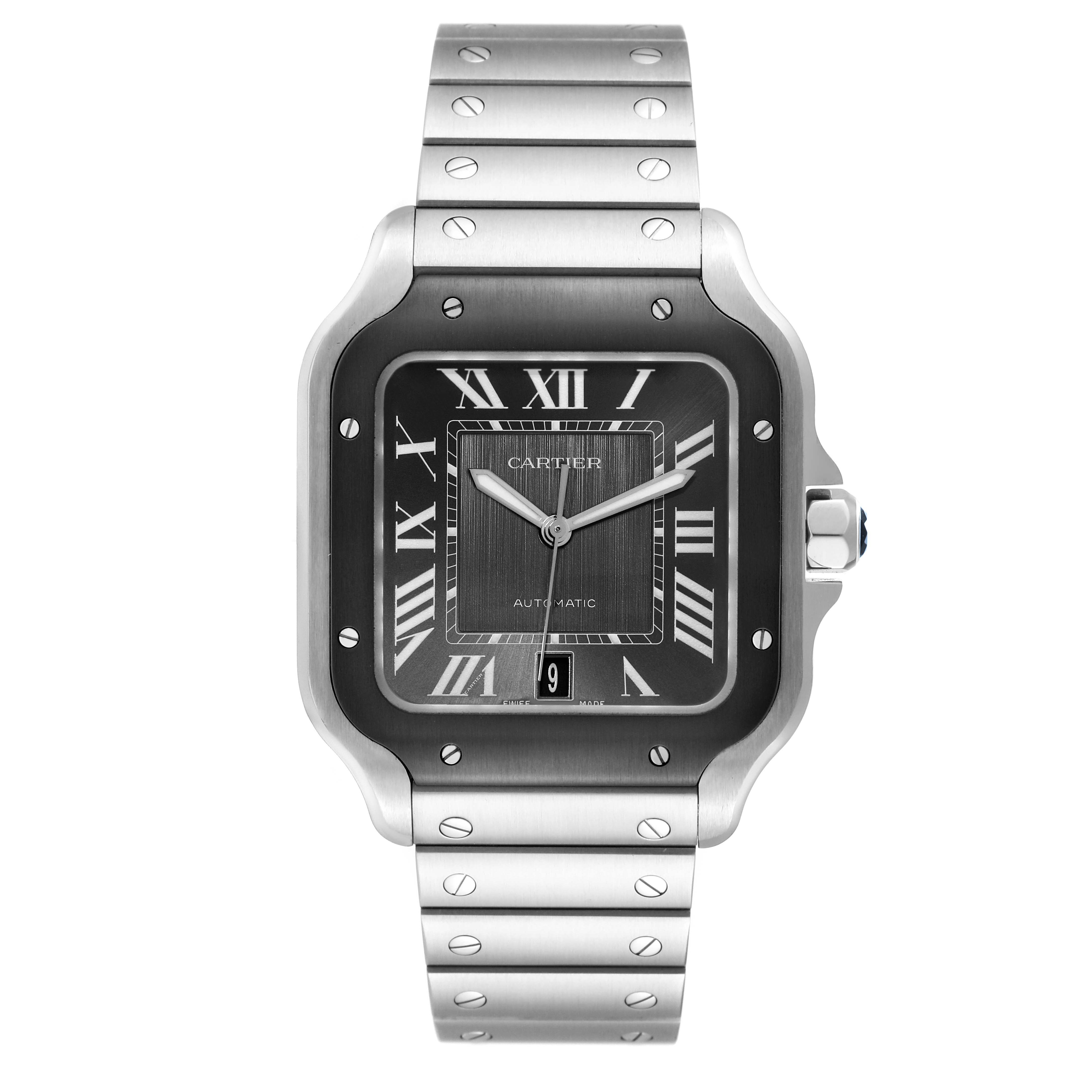 The Cartier Santos WSSA0037 Men's Stainless Steel Grey Dial WSSA0037 Men's Stainless Steel Grey Dial watch is shown from the front, displaying its face, bezel, and bracelet.