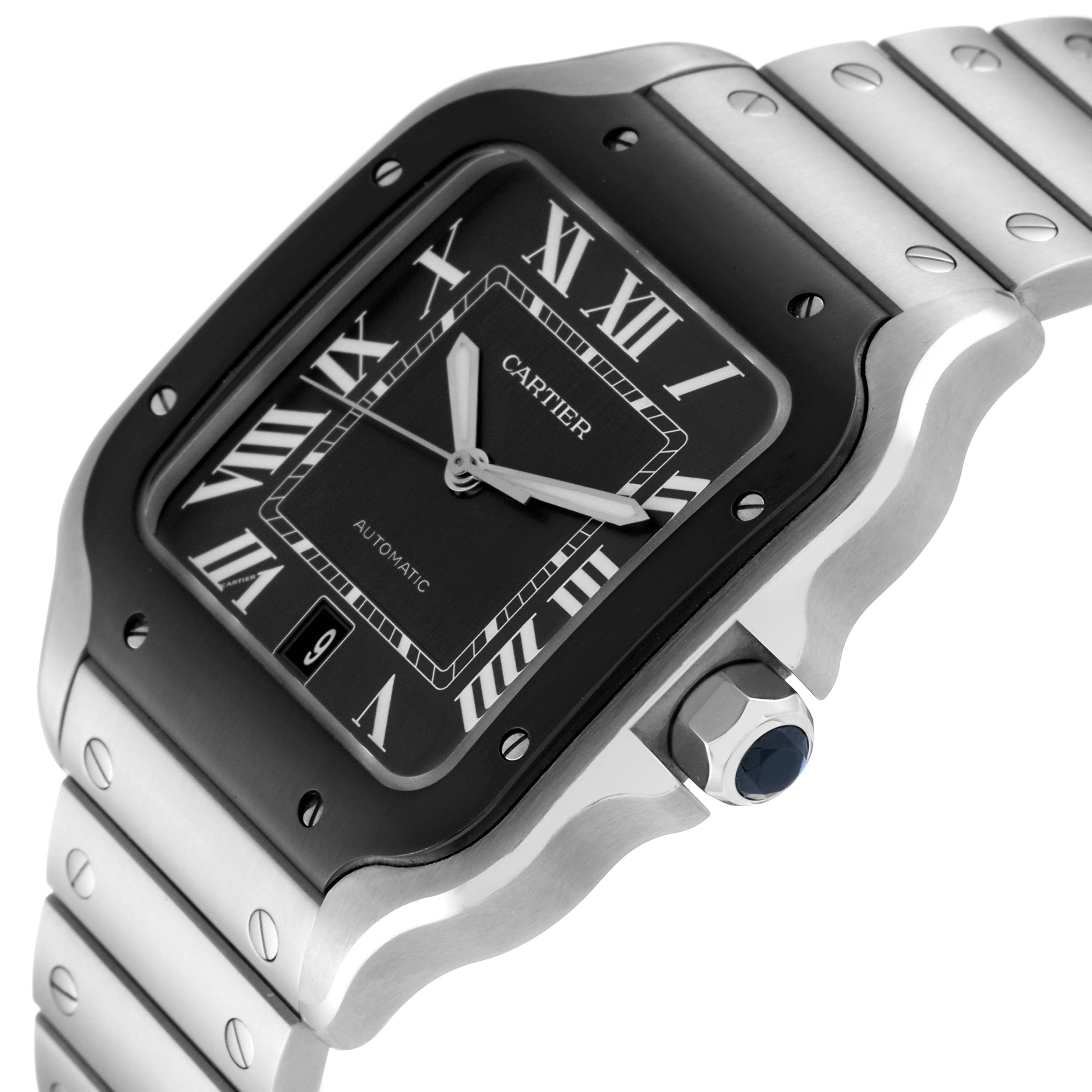 This image shows a close-up, angled view of the Cartier Santos WSSA0037 Men's Stainless Steel Grey Dial WSSA0037 Men's Stainless Steel Grey Dial watch, highlighting the face, bezel, crown, and metal bracelet.