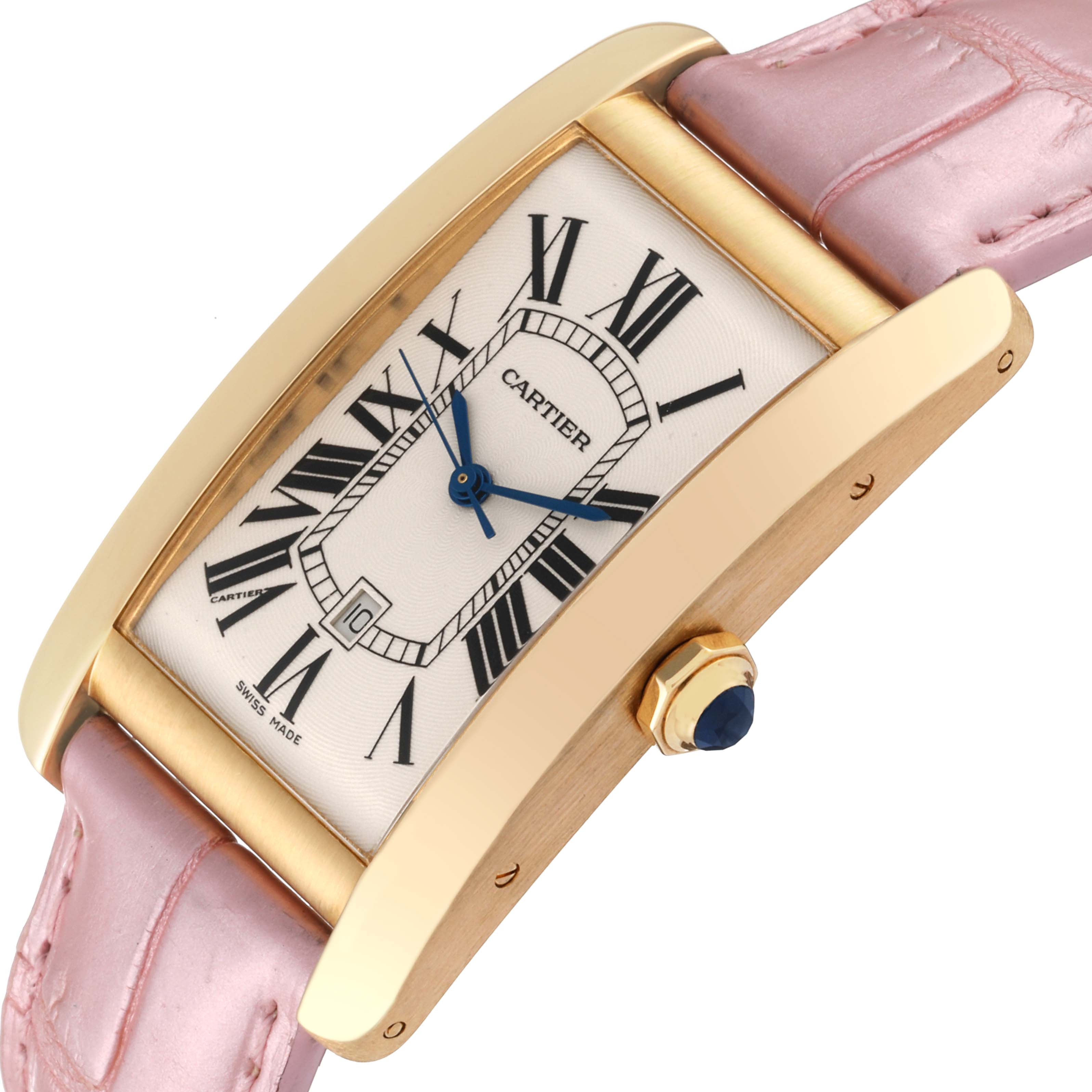 This Cartier Tank Americaine W2603156 Men's Yellow Gold Silver Dial W2603156 Men's Yellow Gold Silver Dial watch is shown at a slight angle, highlighting its rectangular face, gold case, pink strap, and blue hands.