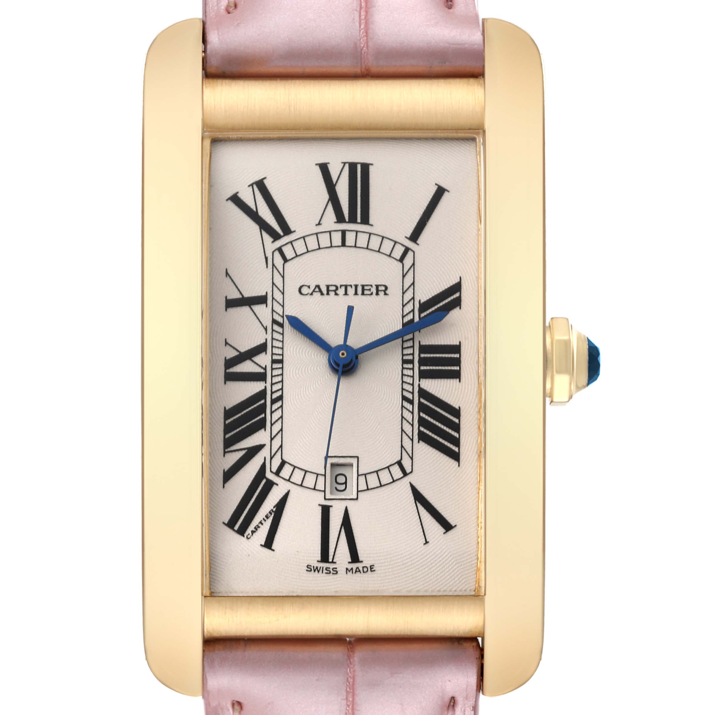 This image shows a front view of a Cartier Tank Américaine watch, displaying its rectangular face, Roman numeral indices, and pink leather strap.