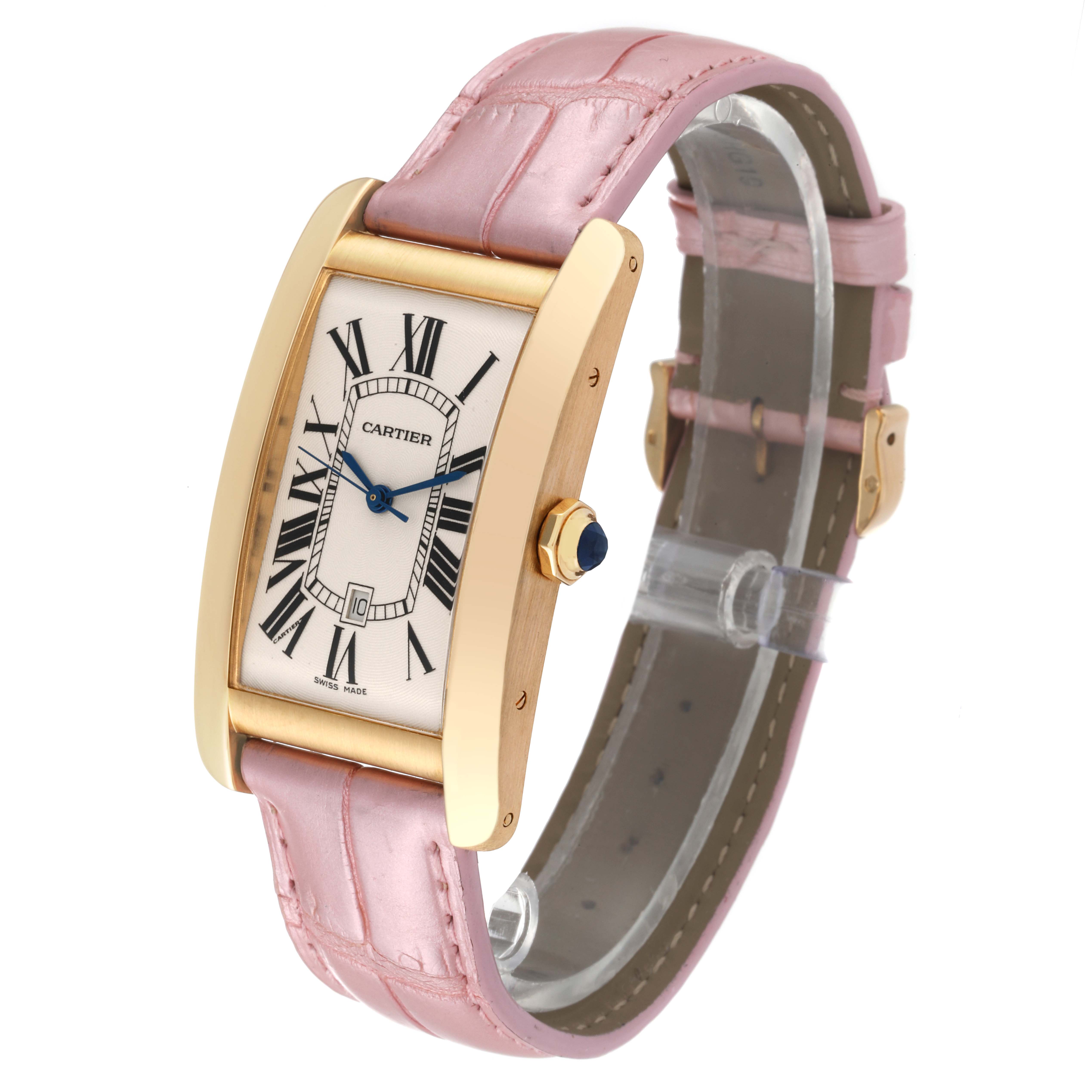 The Cartier Tank Americaine W2603156 Men's Yellow Gold Silver Dial W2603156 Men's Yellow Gold Silver Dial watch is shown at an angled view, displaying its pink strap and rectangular face with Roman numerals.