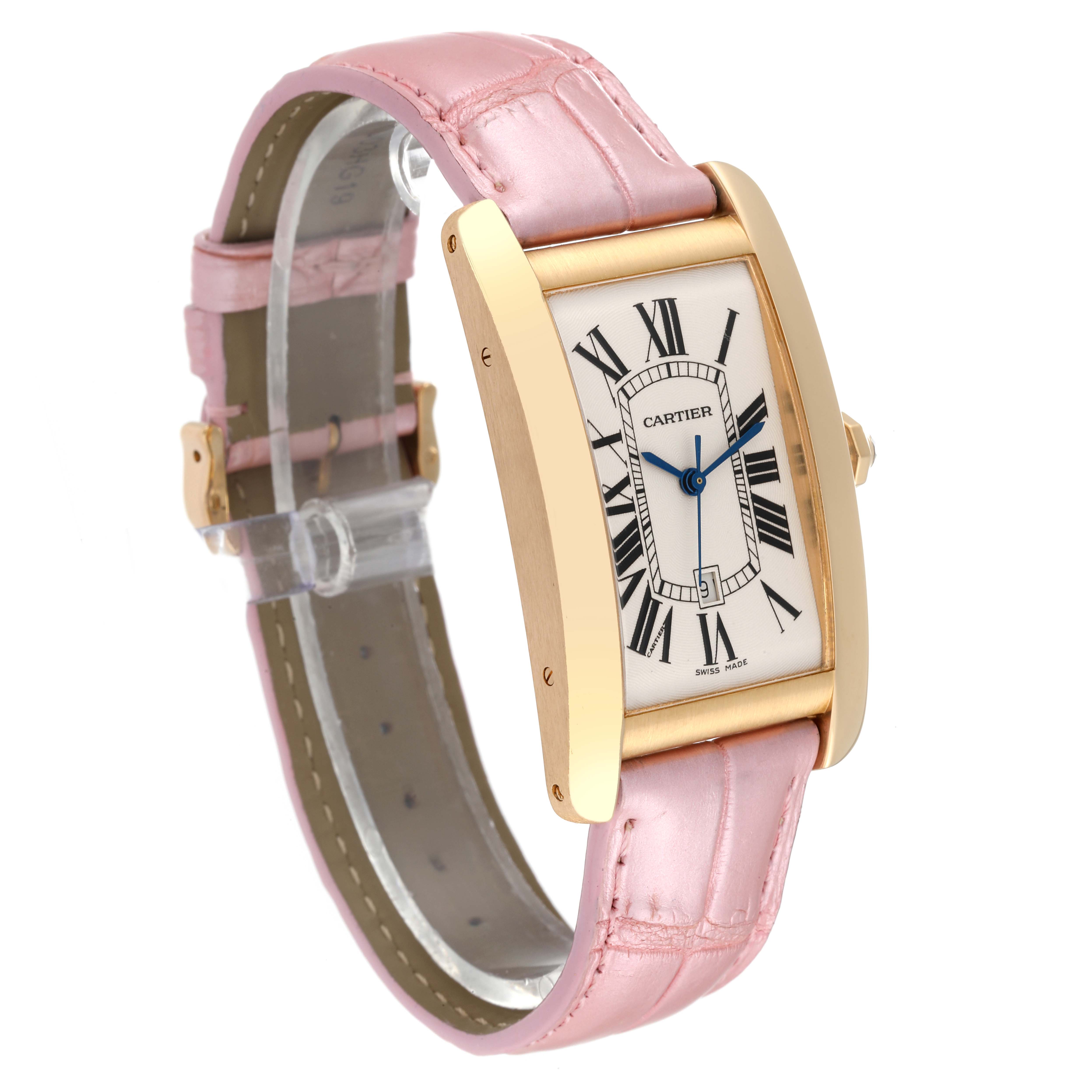 The image shows a Cartier Tank Americaine W2603156 Men's Yellow Gold Silver Dial W2603156 Men's Yellow Gold Silver Dial watch at a slight side angle, highlighting its gold case, white dial, and pink leather strap.