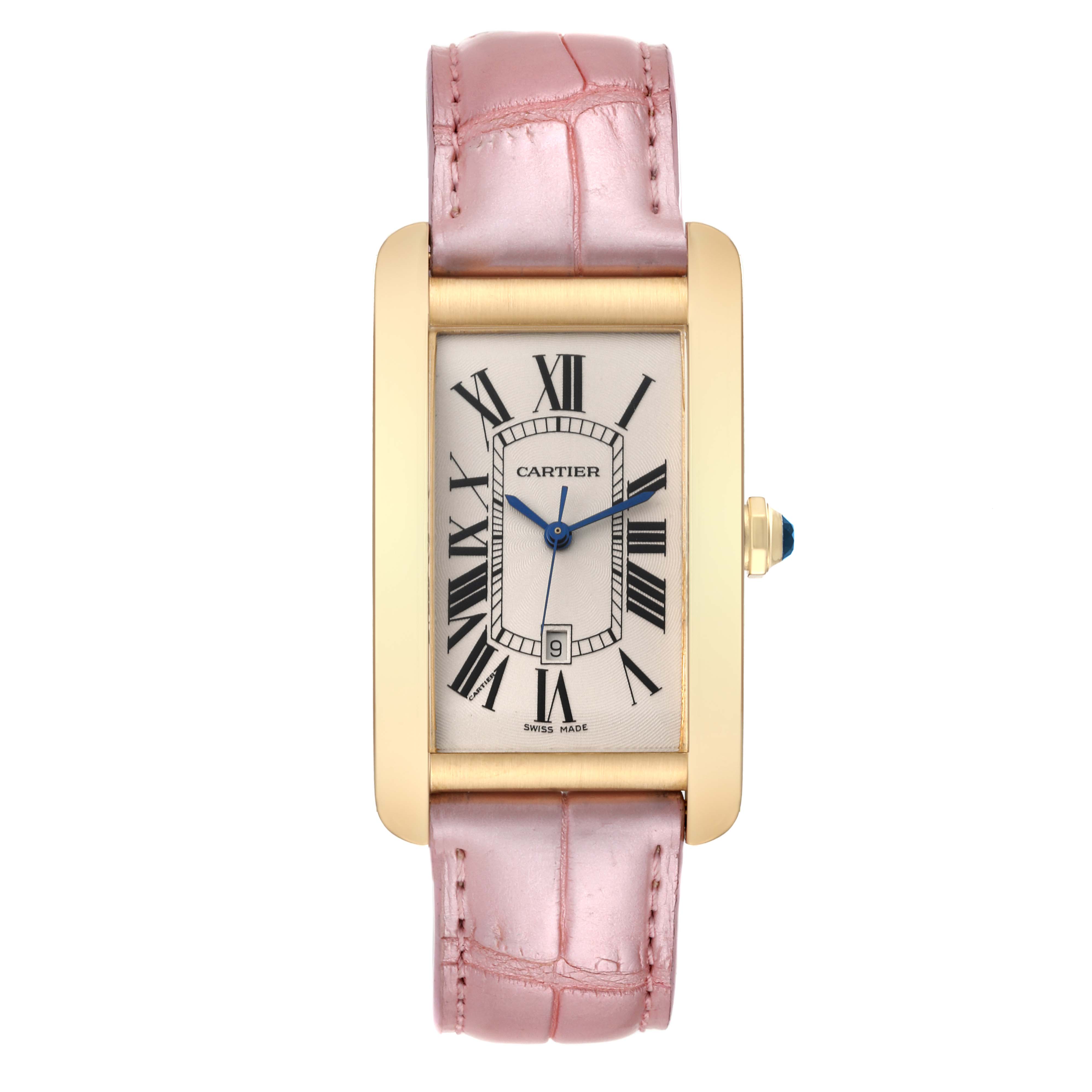 The Cartier Tank Americaine W2603156 Men's Yellow Gold Silver Dial W2603156 Men's Yellow Gold Silver Dial watch is shown from a top-down angle, featuring a pink strap and gold rectangular case.