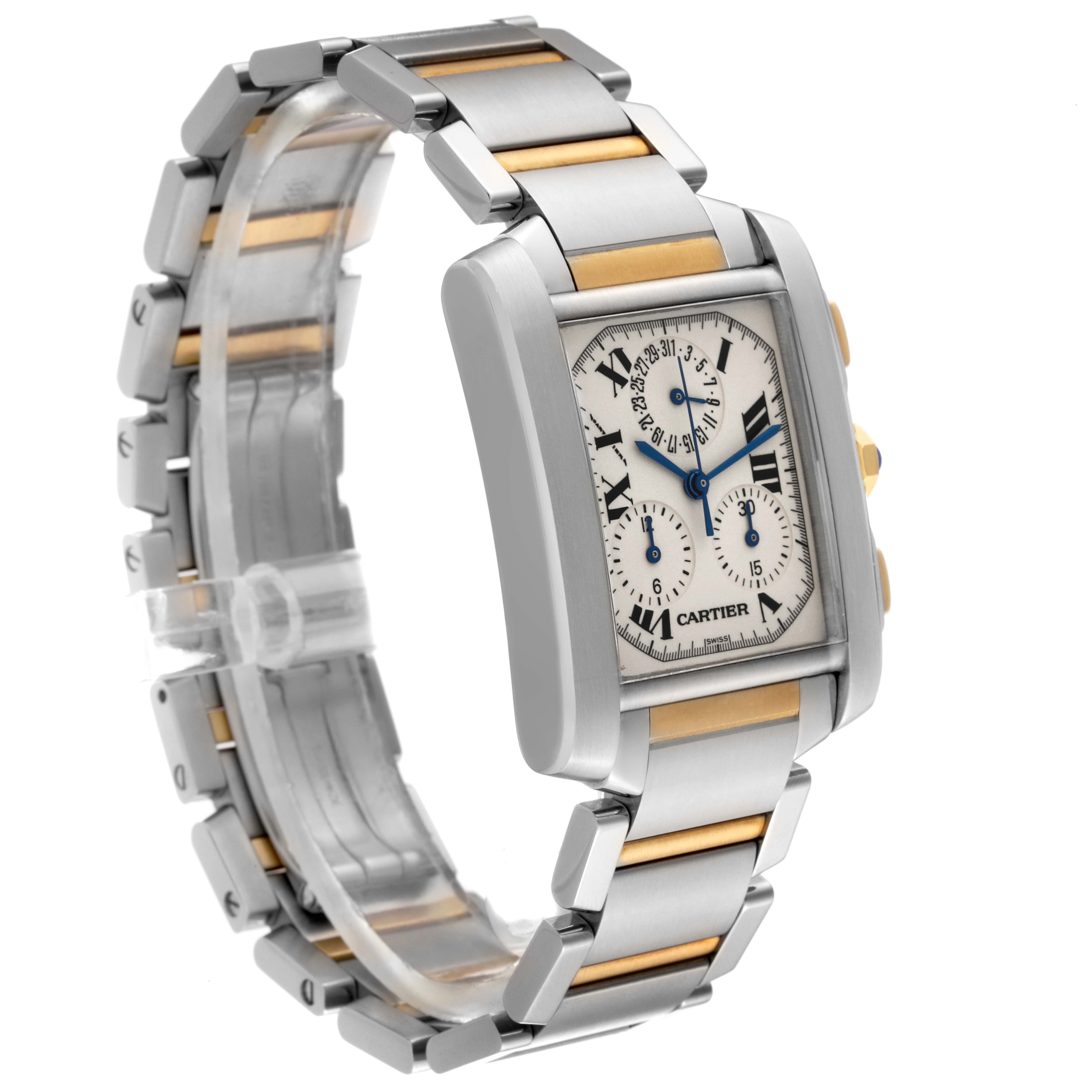 The Cartier Tank Francaise W51004Q4 Men's Steel and Gold (two tone) Silver Dial W51004Q4 Men's Steel and Gold (two tone) Silver Dial watch is shown at a slight angle displaying the face, dial, crown, and full bracelet with a metal finish.