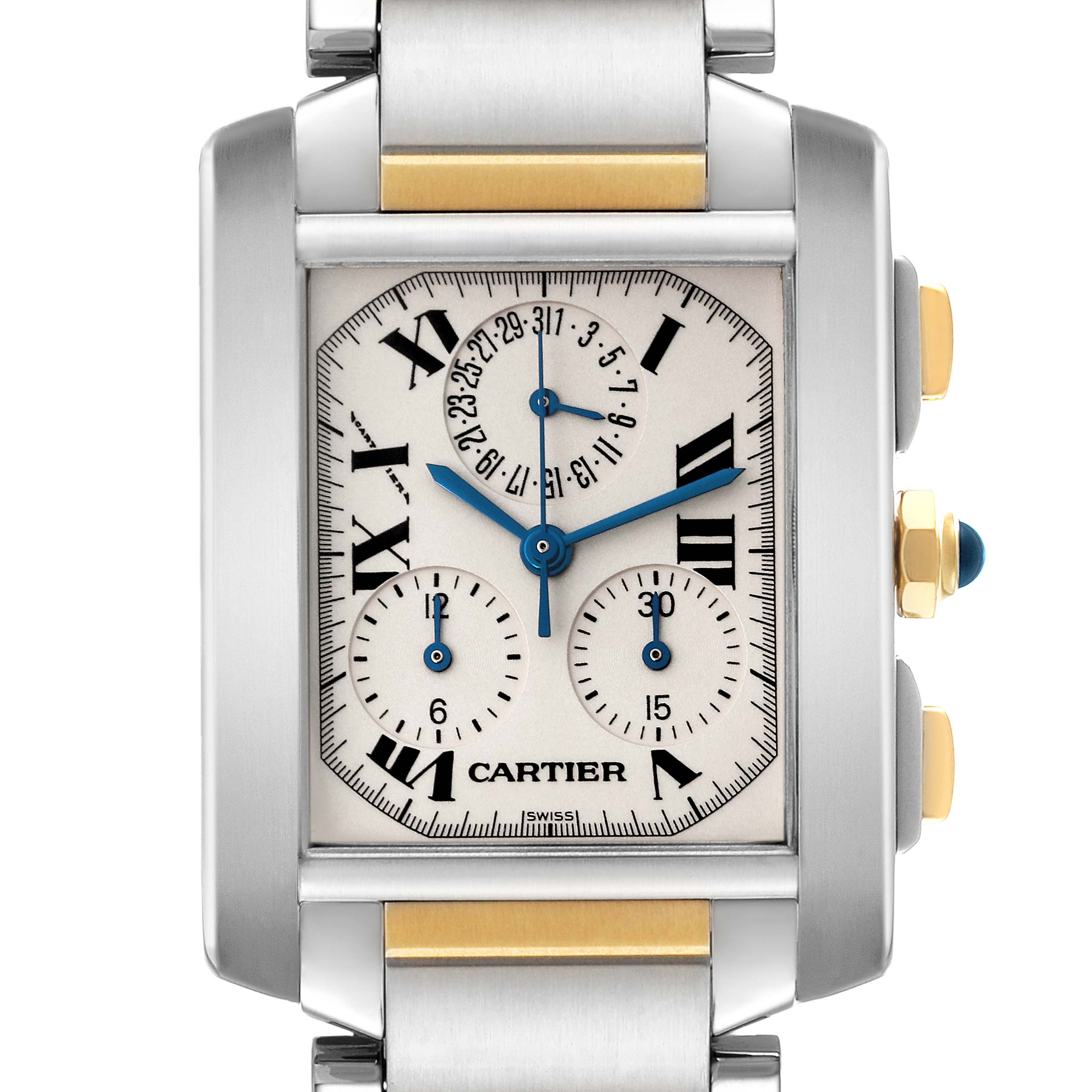 This image shows a close-up of the Cartier Tank Francaise W51004Q4 Men's Steel and Gold (two tone) Silver Dial W51004Q4 Men's Steel and Gold (two tone) Silver Dial watch face, highlighting the dial, Roman numerals, and buttons on the side.