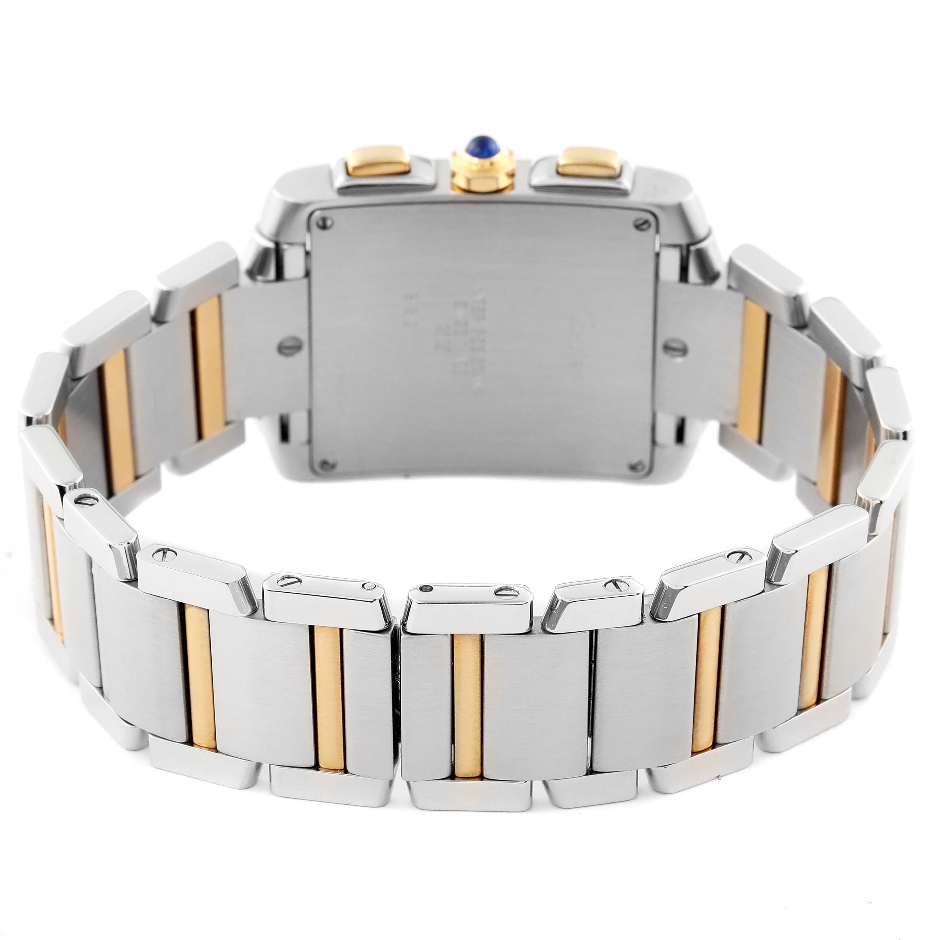 This image shows the back view of a Cartier Tank Francaise W51004Q4 Men's Steel and Gold (two tone) Silver Dial W51004Q4 Men's Steel and Gold (two tone) Silver Dial watch, highlighting the bracelet and case back.