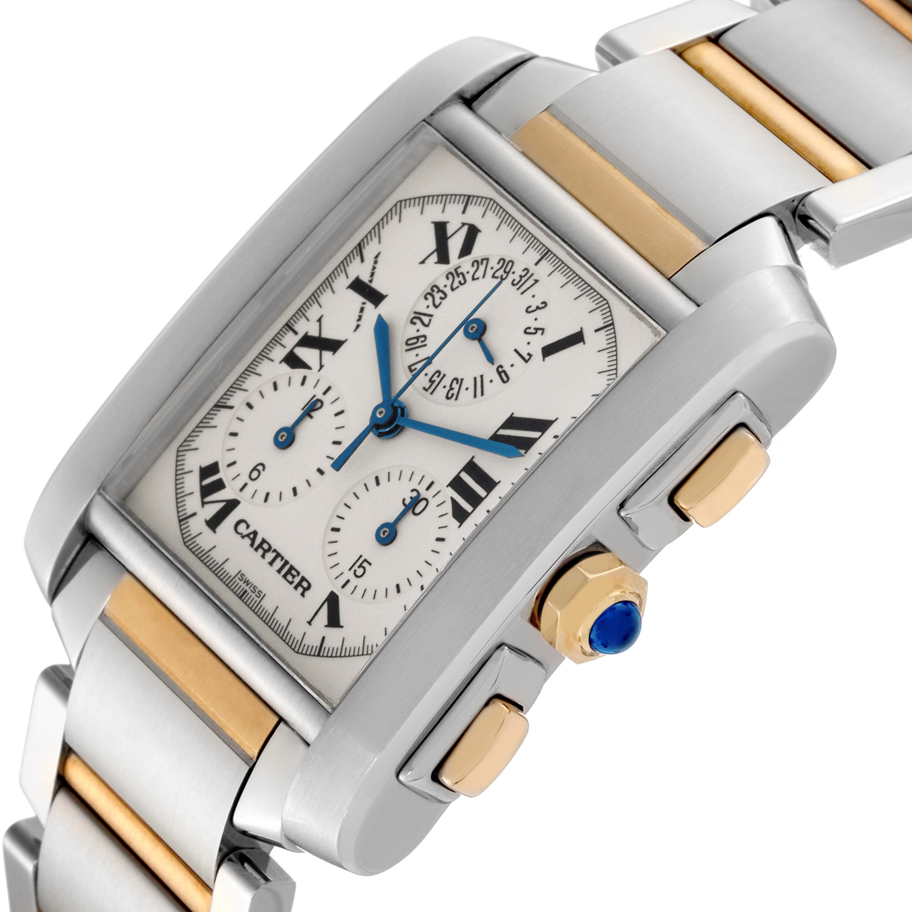 The image shows a close-up angled view of the Cartier Tank Francaise W51004Q4 Men's Steel and Gold (two tone) Silver Dial W51004Q4 Men's Steel and Gold (two tone) Silver Dial watch, highlighting its face, crown, and dual-tone bracelet.
