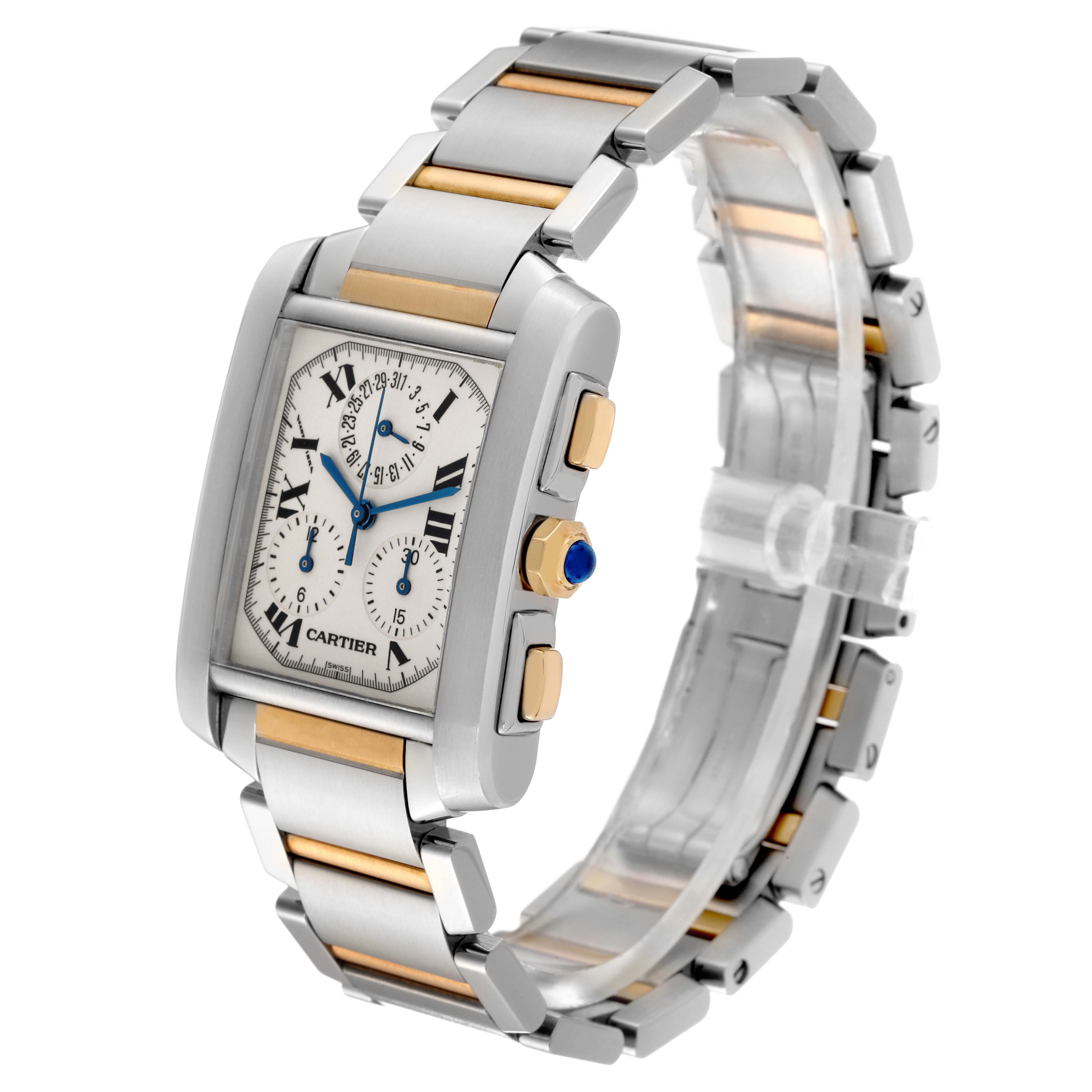 The Cartier Tank Francaise W51004Q4 Men's Steel and Gold (two tone) Silver Dial W51004Q4 Men's Steel and Gold (two tone) Silver Dial watch is shown at a three-quarter angled view, highlighting its face, bracelet, and side buttons.