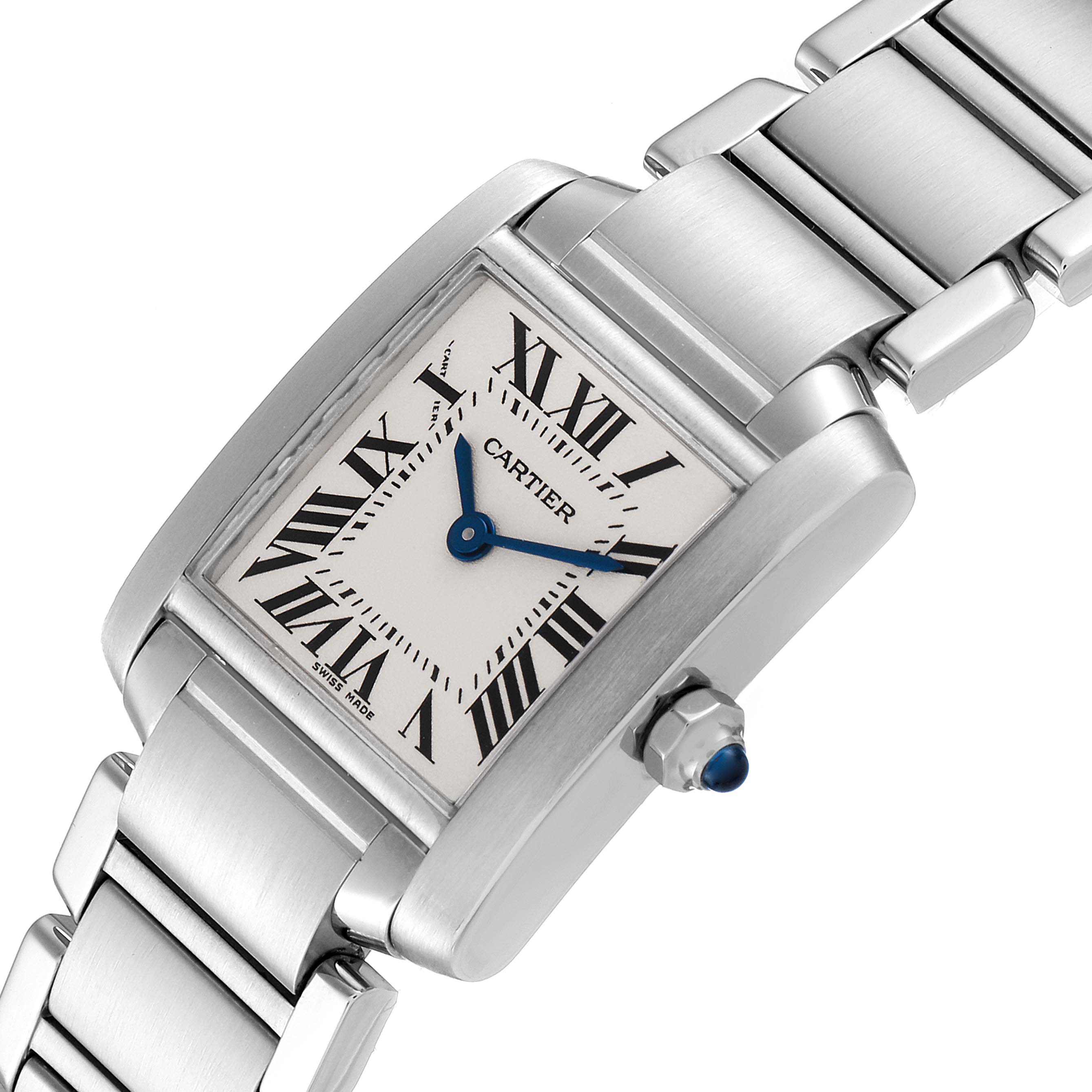 This image shows a close-up of the Cartier Tank Française watch, highlighting its face, crown, and stainless steel bracelet.