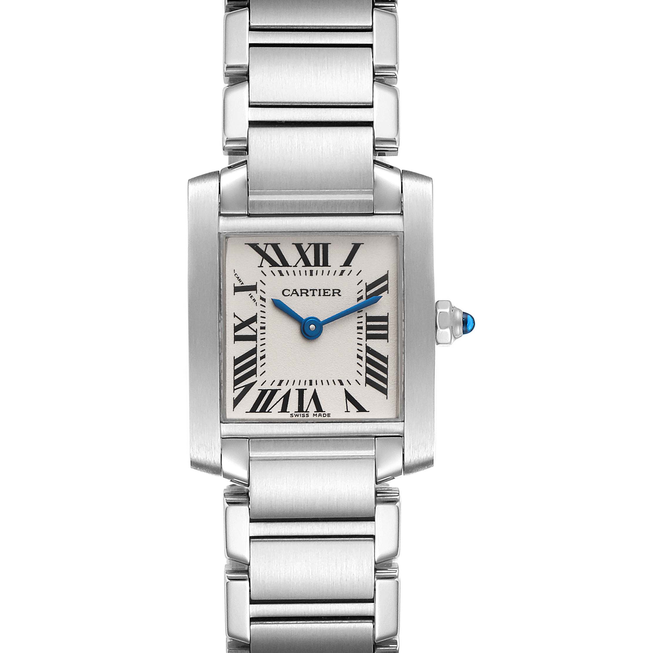 The image shows a front view of a Cartier Tank Française watch, displaying its rectangular face, Roman numerals, blue hands, and metal bracelet.