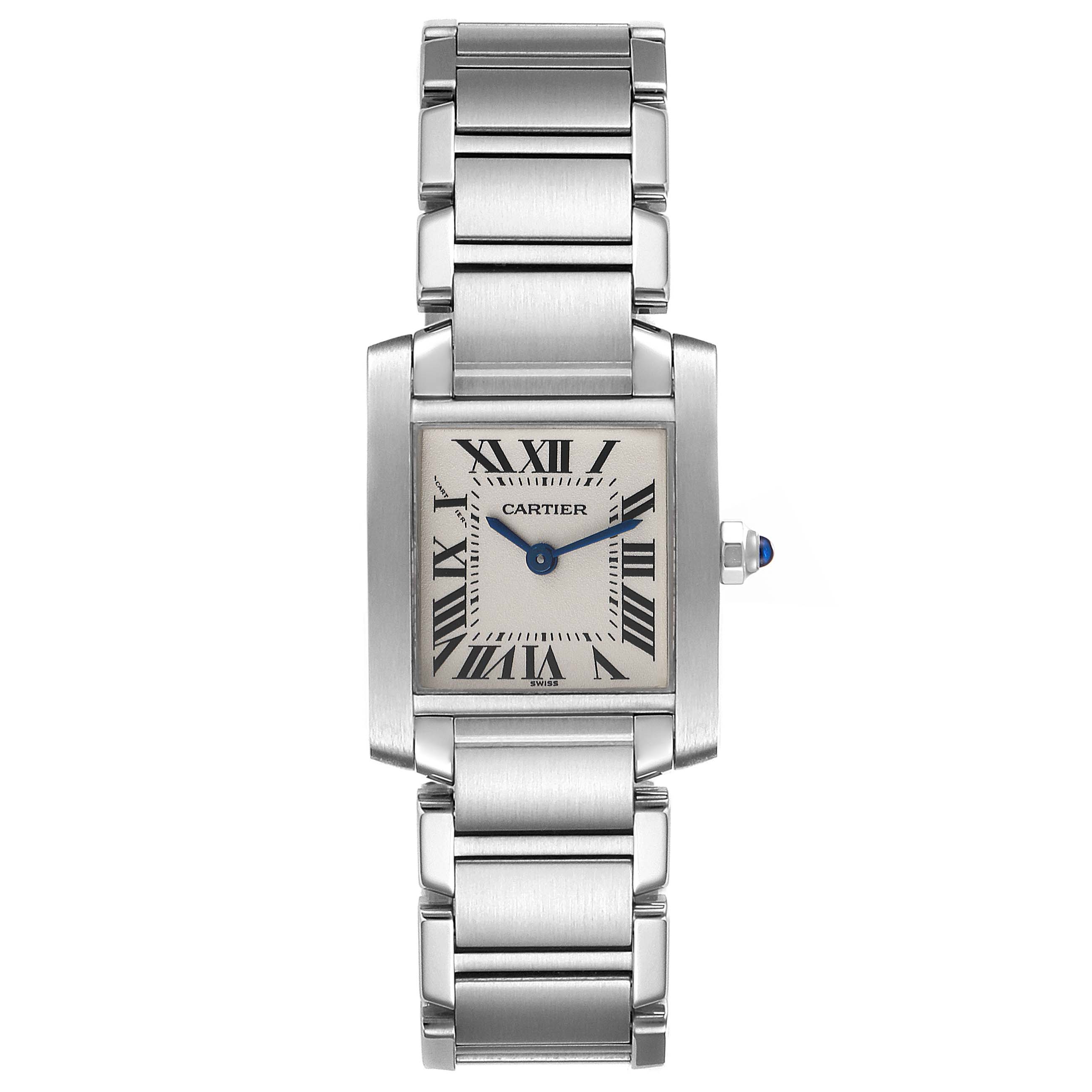 The image shows a Cartier Tank Francaise W51008Q3 Women
s Stainless Steel Silver Dial W51008Q3 Women
s Stainless Steel Silver Dial watch from a front-facing angle, including the face, hands, and bracelet.