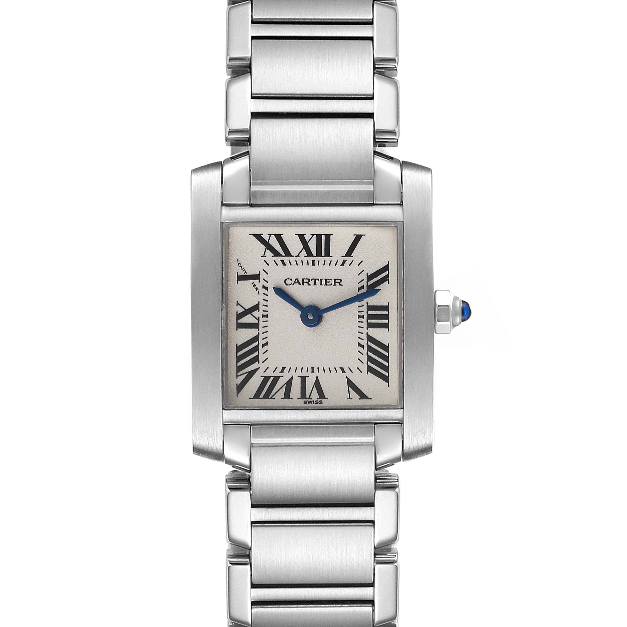 The image shows a frontal view of a Cartier Tank Francaise W51008Q3 Women
s Stainless Steel Silver Dial W51008Q3 Women
s Stainless Steel Silver Dial watch, highlighting the face, Roman numerals, and stainless steel bracelet.