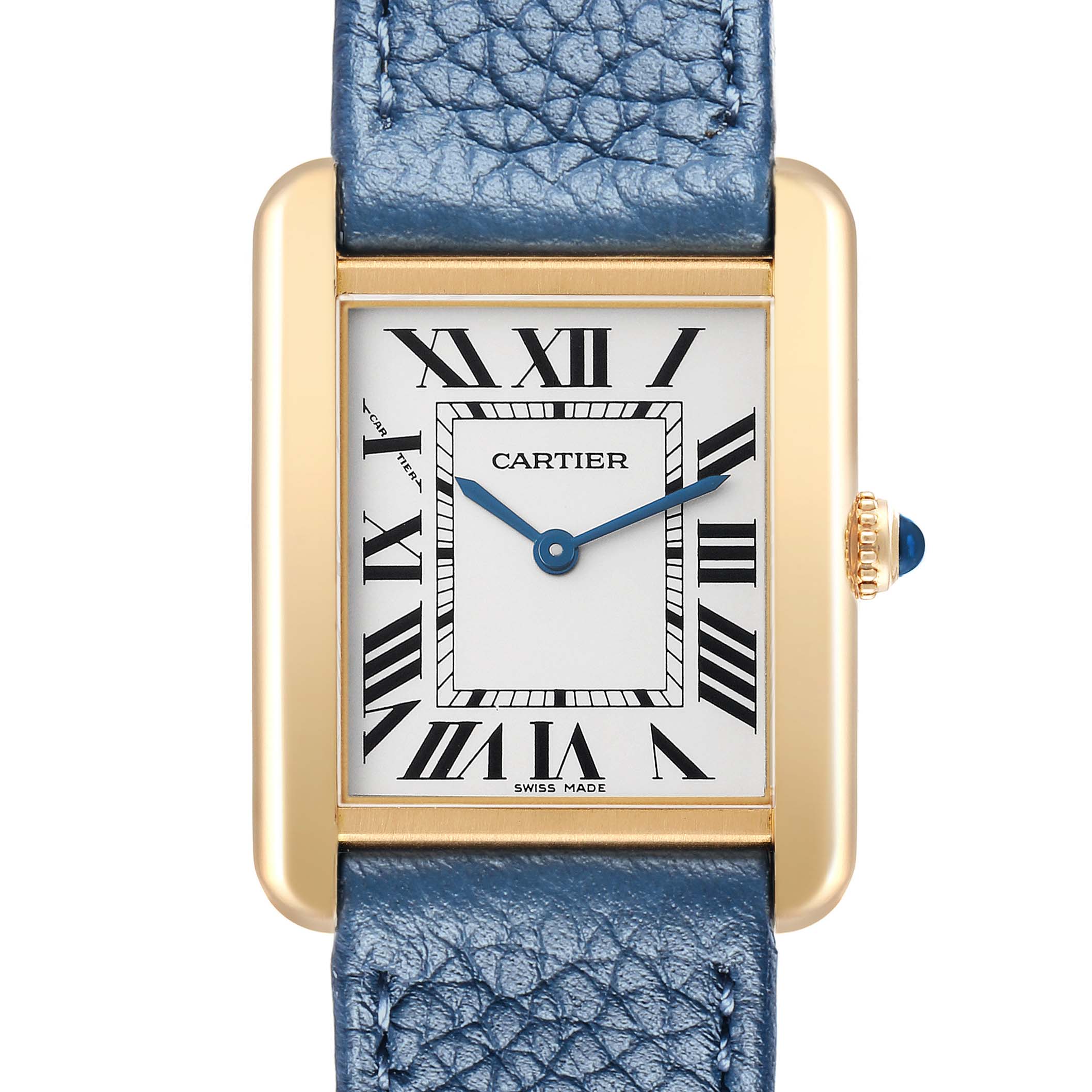 The Cartier Tank Solo W1018755 Women
s Yellow Gold Silver Dial watch is shown from the front, displaying its rectangular face, Roman numerals, and a blue leather strap.