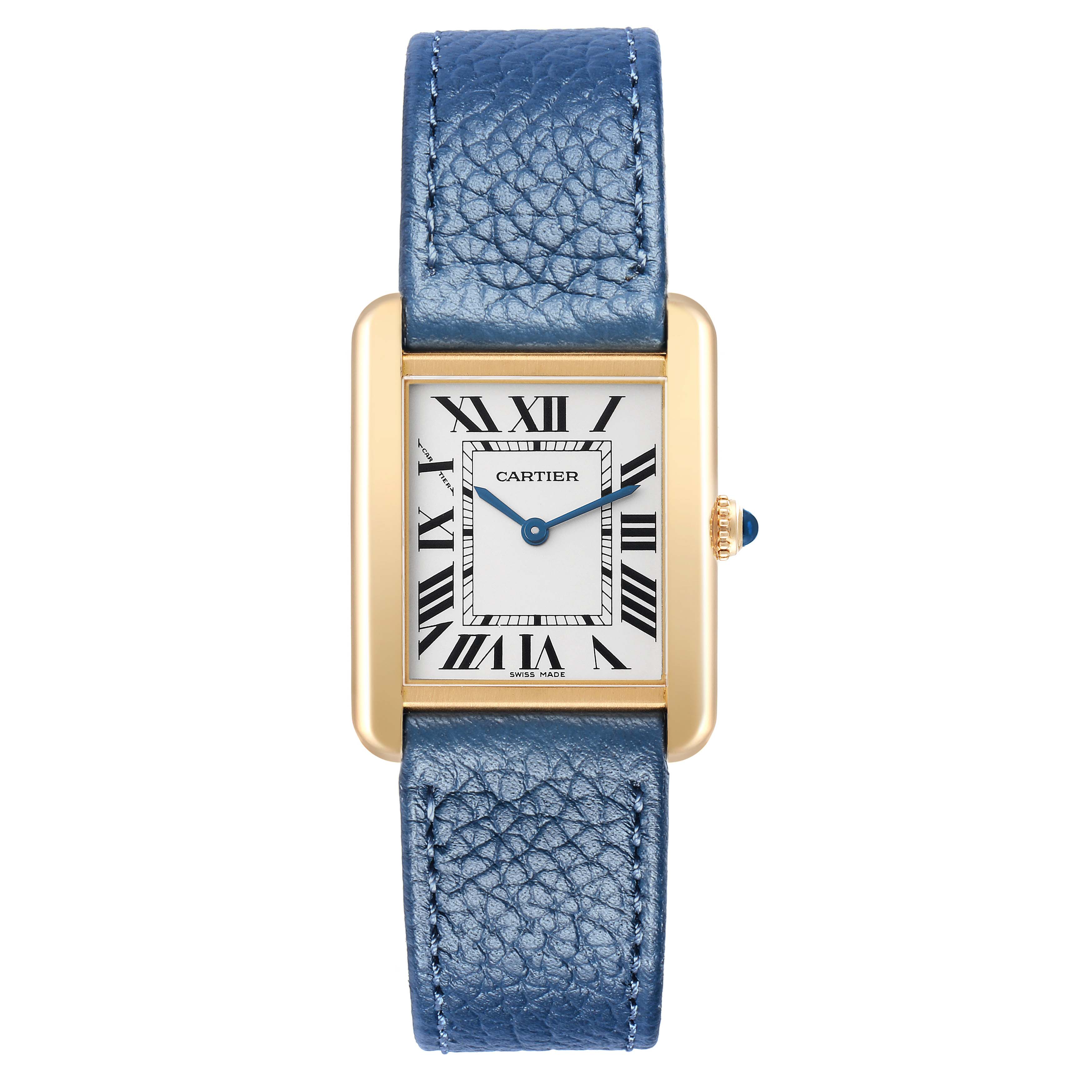 The Cartier Tank Solo W1018755 Women
s Yellow Gold Silver Dial watch is shown from the front, featuring a gold rectangular case, Roman numeral dial, and blue leather strap.