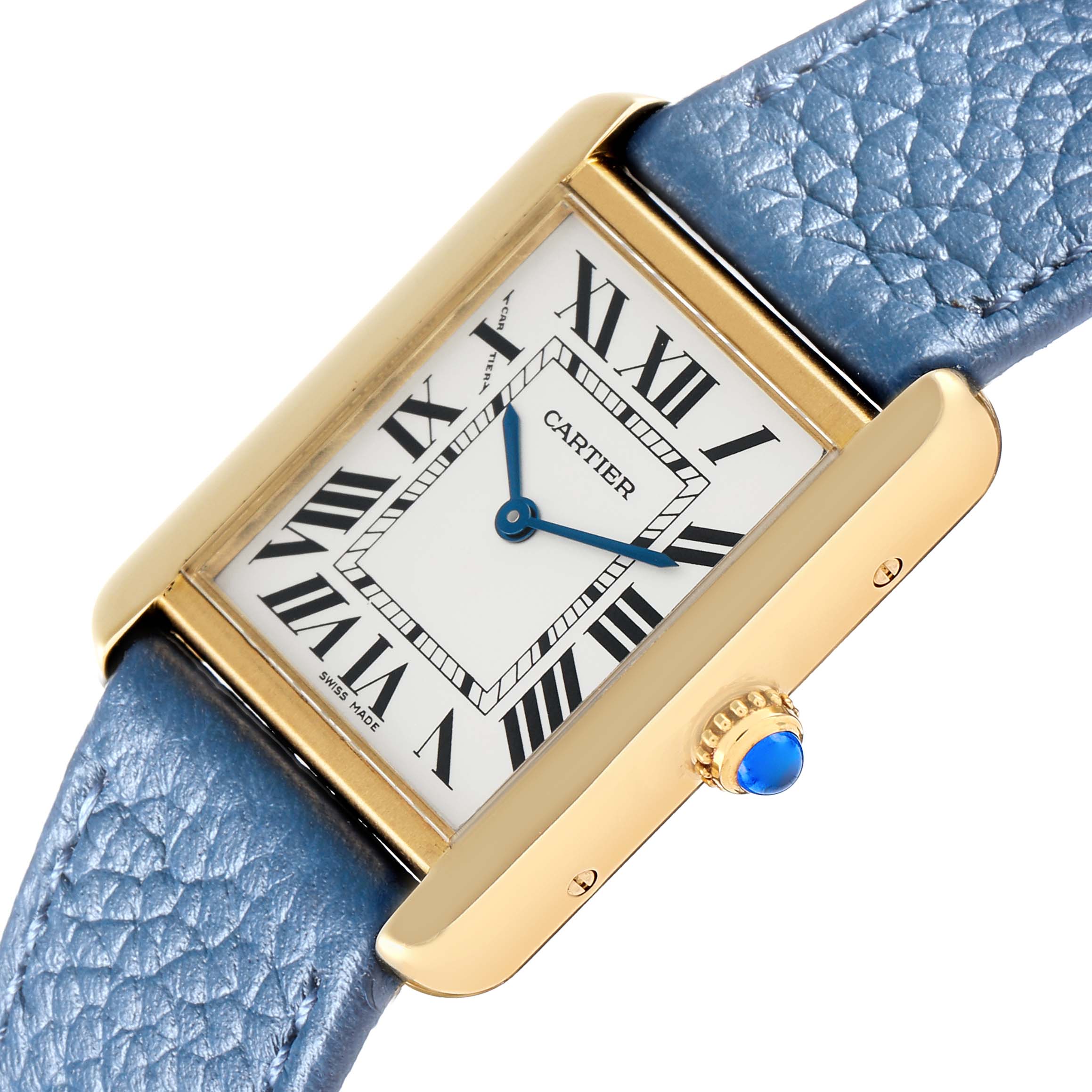 The Cartier Tank Solo W1018755 Women
s Yellow Gold Silver Dial watch is shown at a slight angle, highlighting the gold case, blue leather strap, and sapphire crown.
