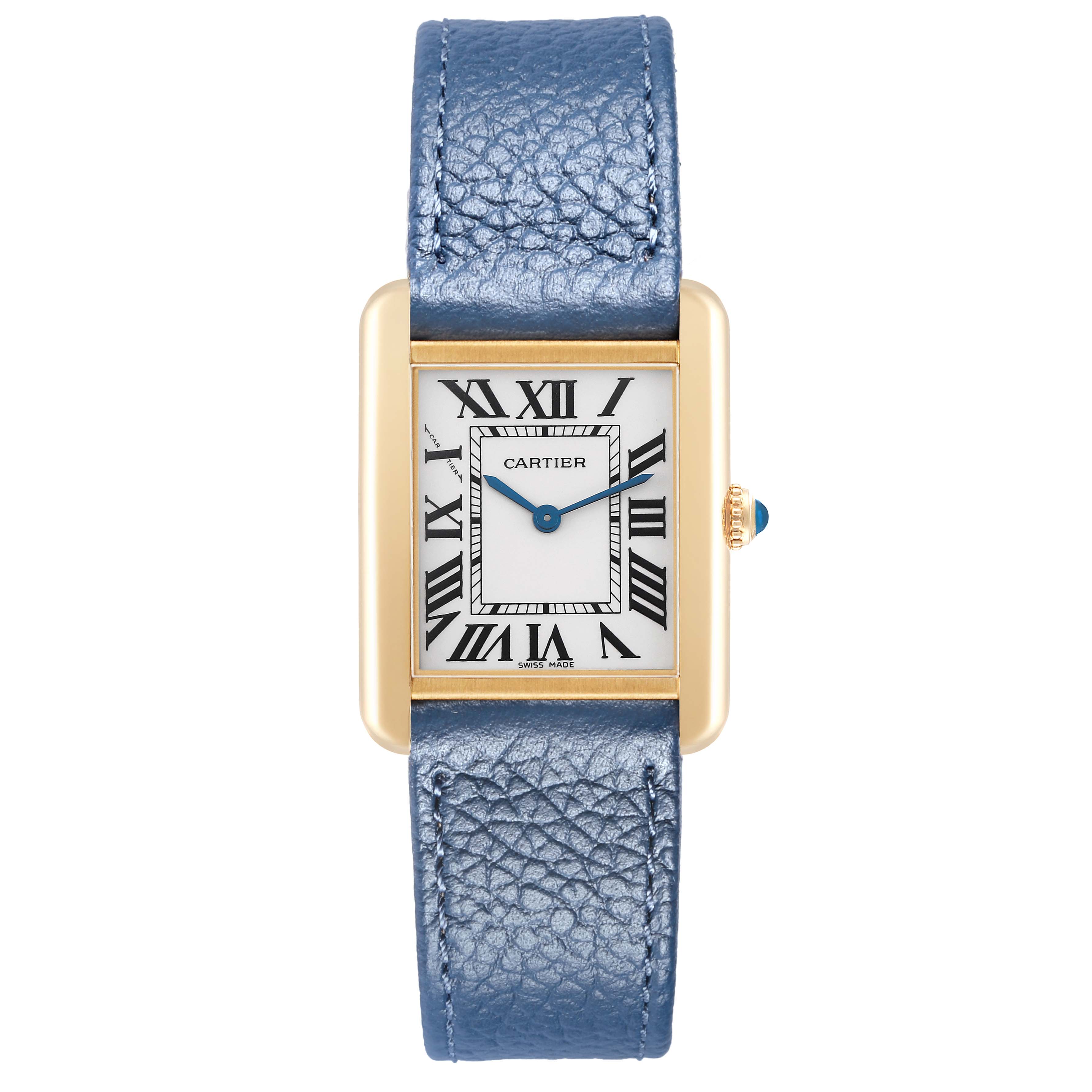 The Cartier Tank Solo W1018755 Women
s Yellow Gold Silver Dial watch is shown from the front, highlighting the rectangular face and blue leather strap.