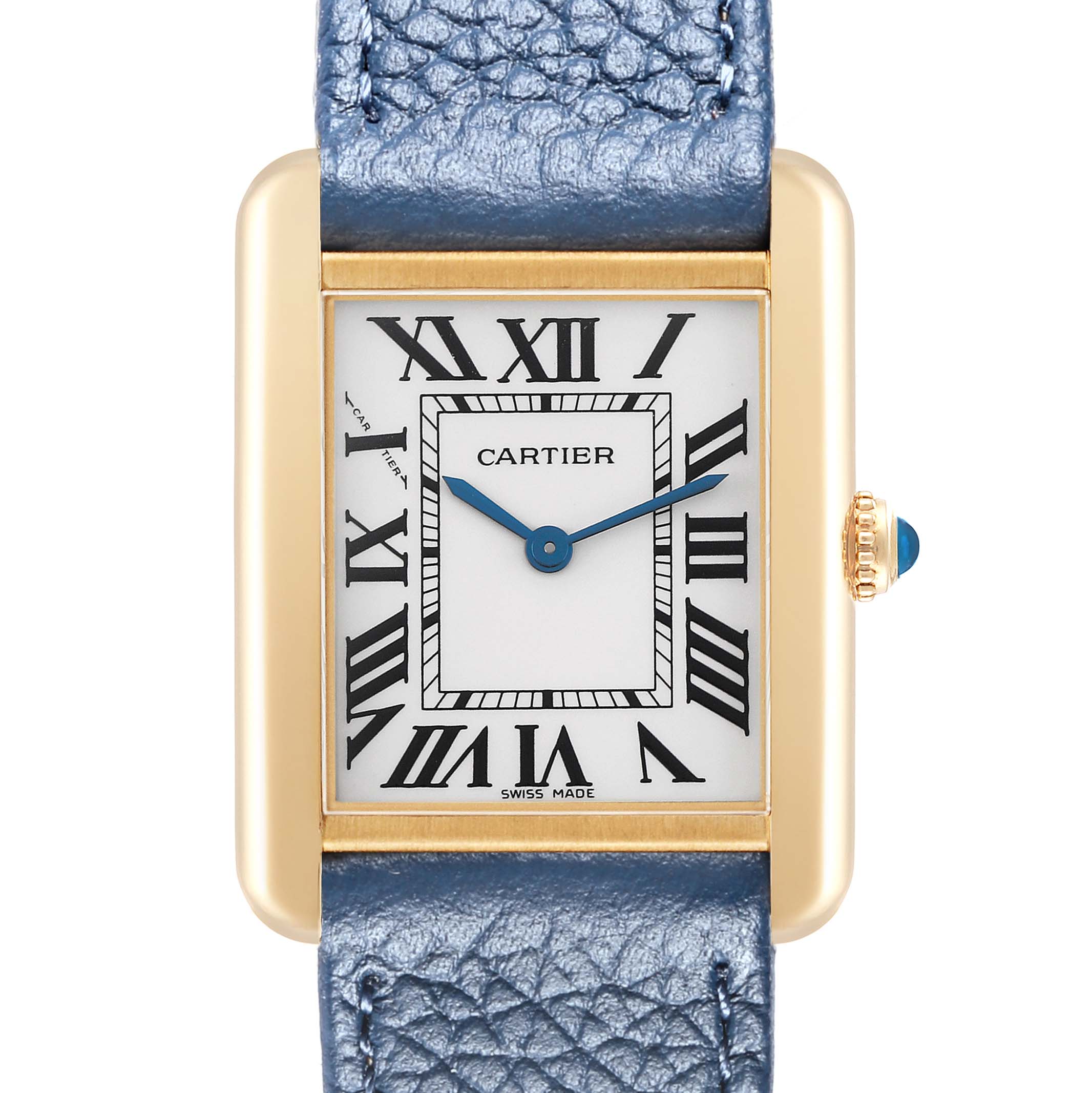The Cartier Tank Solo W1018755 Women
s Yellow Gold Silver Dial watch is displayed front-on, showcasing its rectangular gold case, blue hands, Roman numerals, and blue leather strap.