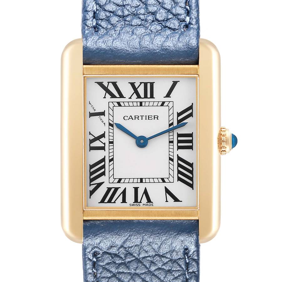 The Cartier Tank Solo W1018755 Women's Yellow Gold Silver Dial watch is displayed front-on, showcasing its rectangular gold case, blue hands, Roman numerals, and blue leather strap.