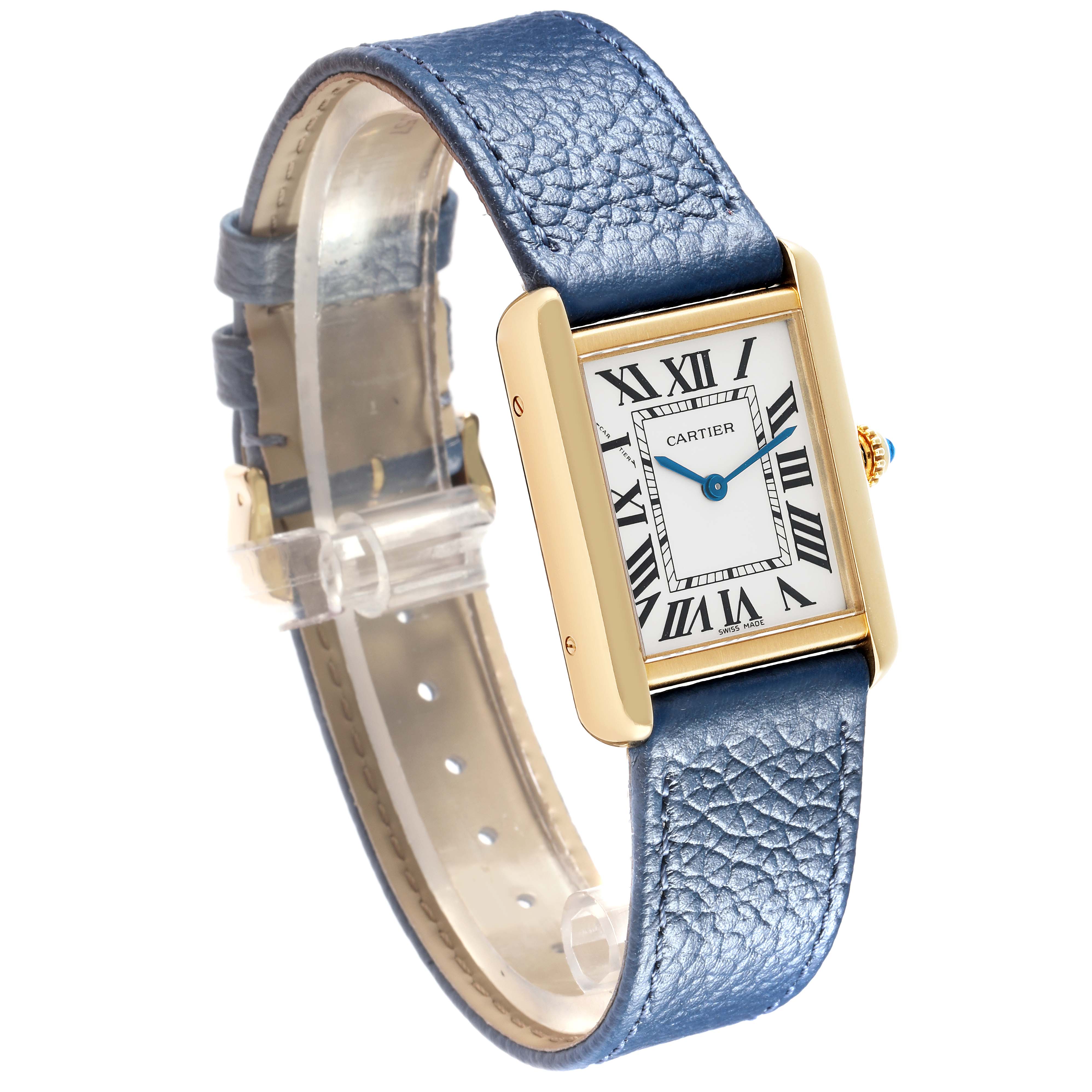 The Cartier Tank Solo W1018755 Women
s Yellow Gold Silver Dial watch is shown at a three-quarter angle, highlighting its gold case, white dial, blue hands, and blue leather strap.