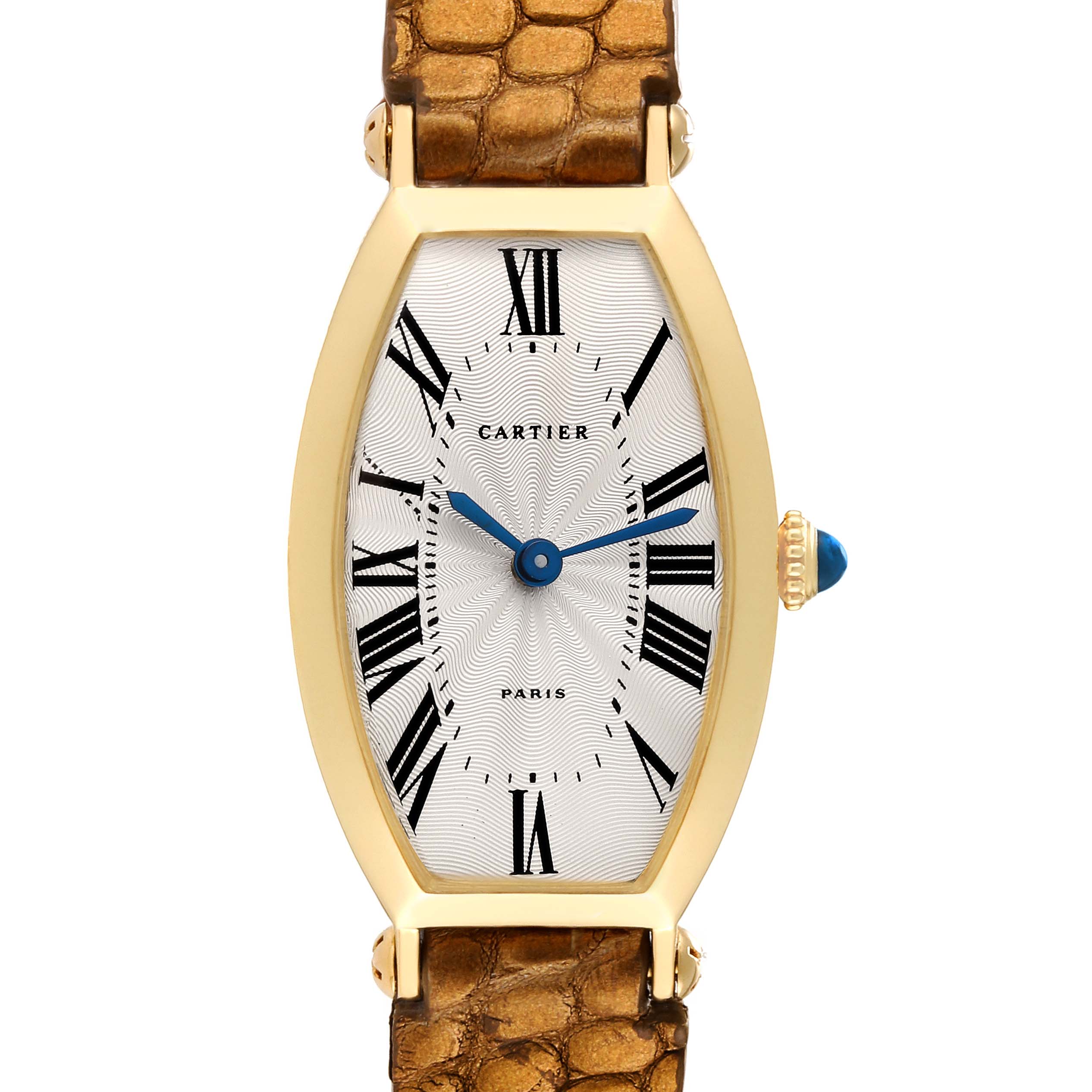 This image shows a Cartier Tonneau Women
s Yellow Gold Silver Dial Women
s Yellow Gold Silver Dial model watch
s front view, highlighting its face, bezel, and strap.