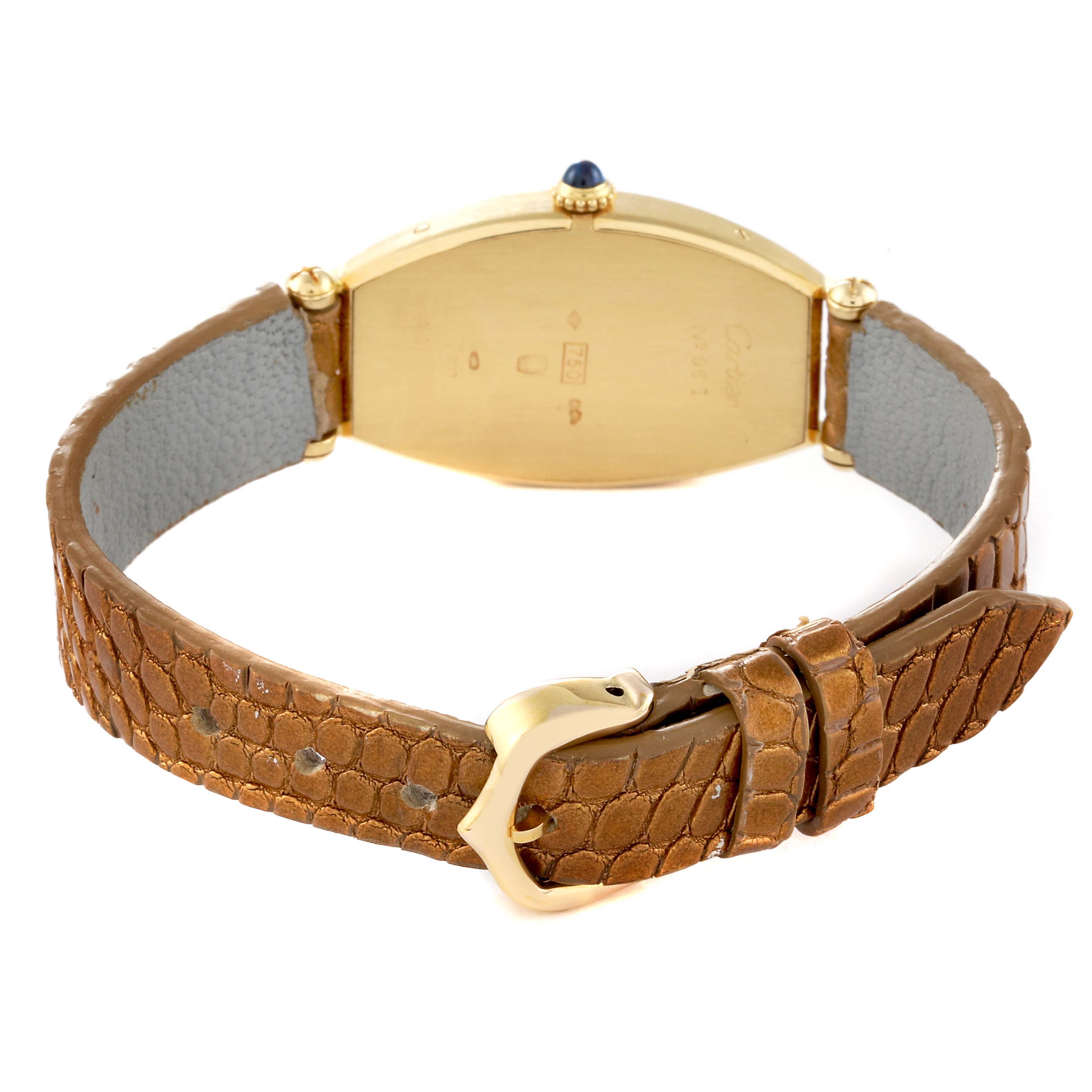 This image shows the back of a Cartier Tonneau Women
s Yellow Gold Silver Dial Women
s Yellow Gold Silver Dial model watch, including the case back, crown, and brown leather strap with a gold buckle.